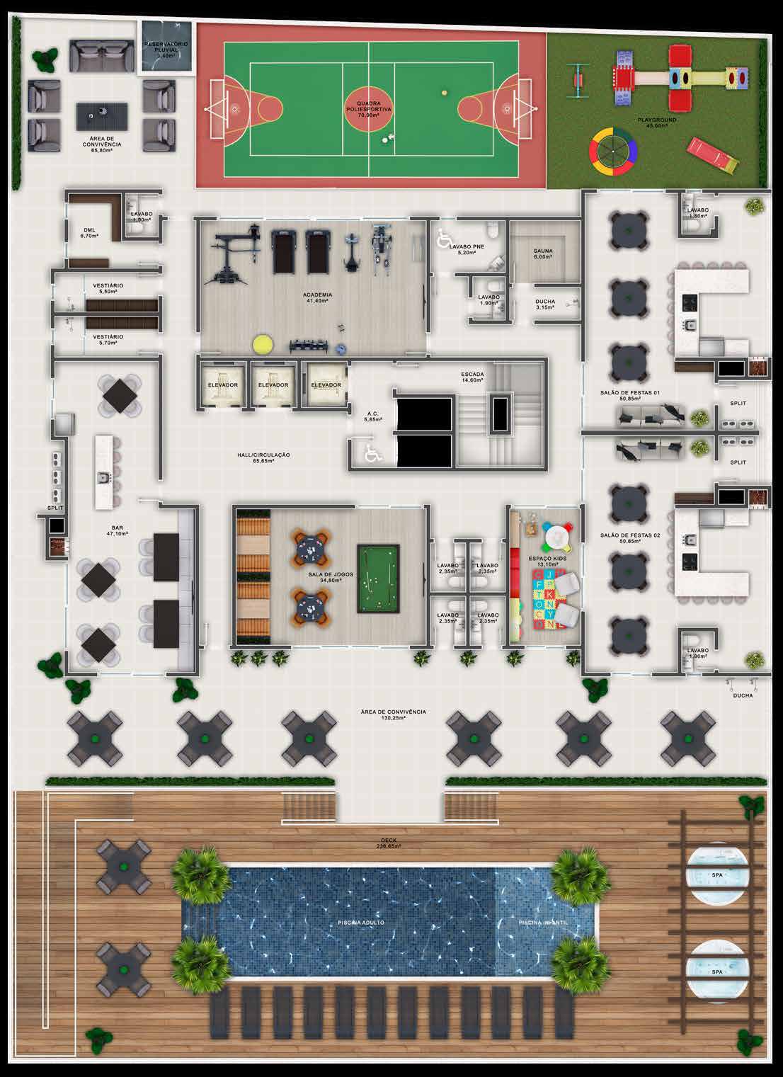 Planta da área de lazer de 1.000 m² do Gran Bellagio, com piscina, quadra e salões de festas
