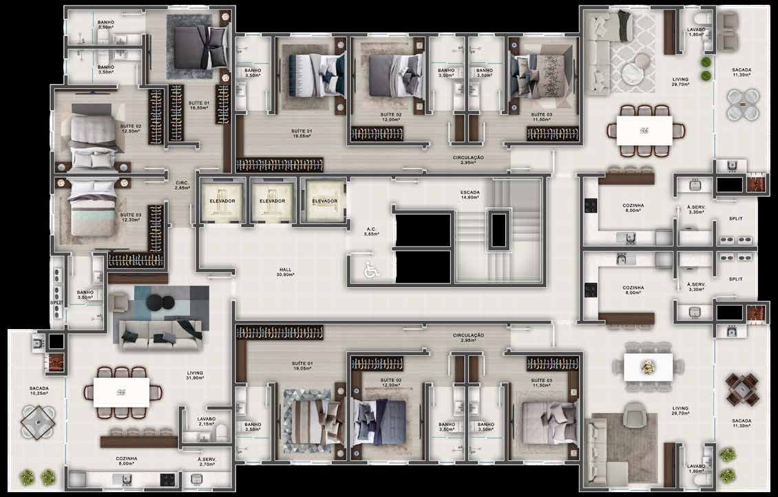 Planta do pavimento tipo do Gran Bellagio, com os três apartamentos de 123 m² por andar