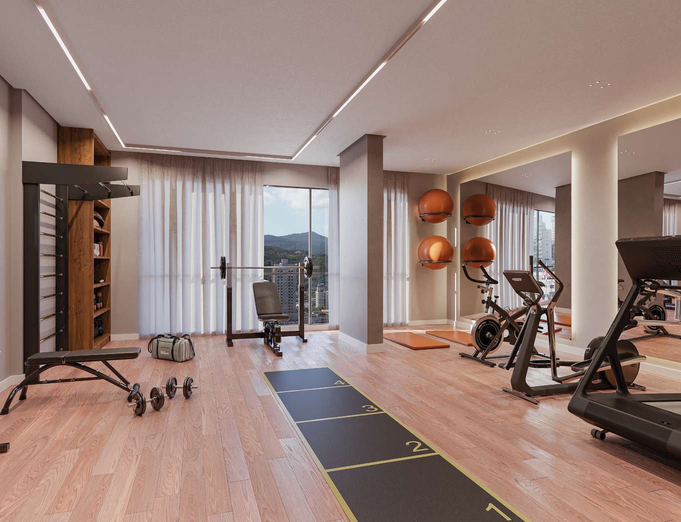 Espaço fitness de 46,85 m² do Gran Lunare, com esteiras e área de peso livre