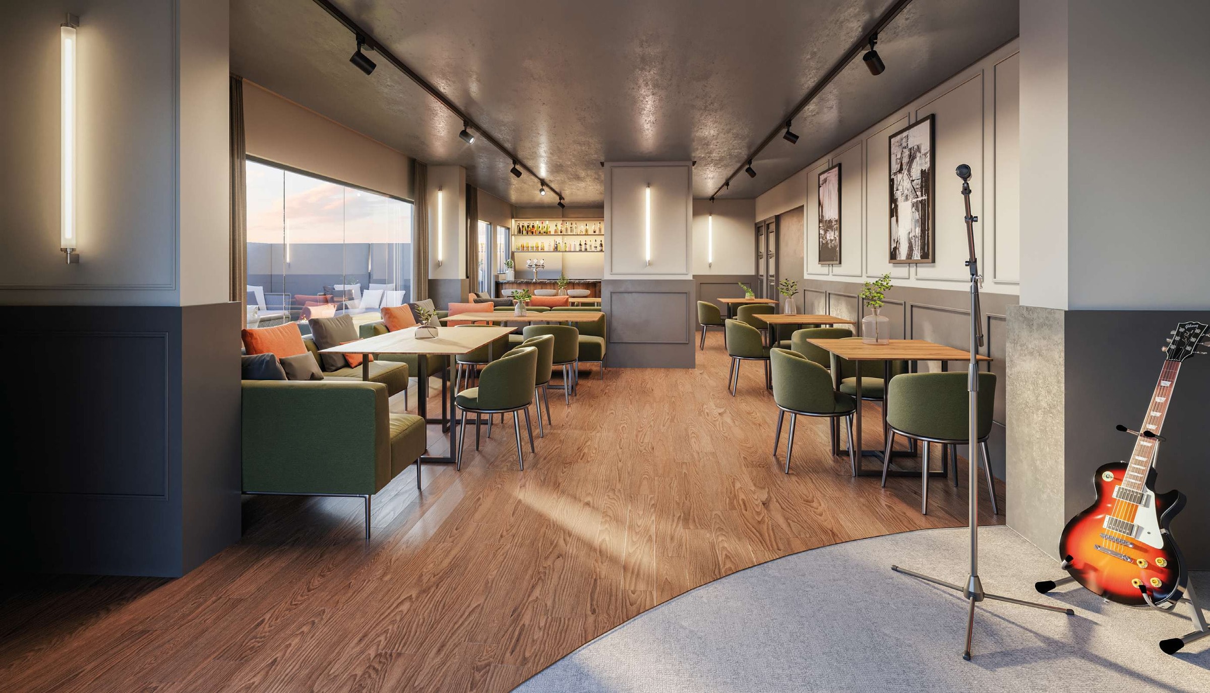 Espaço pub de 61,40 m² do Gran Lunare, com mesas, poltronas e palco para música