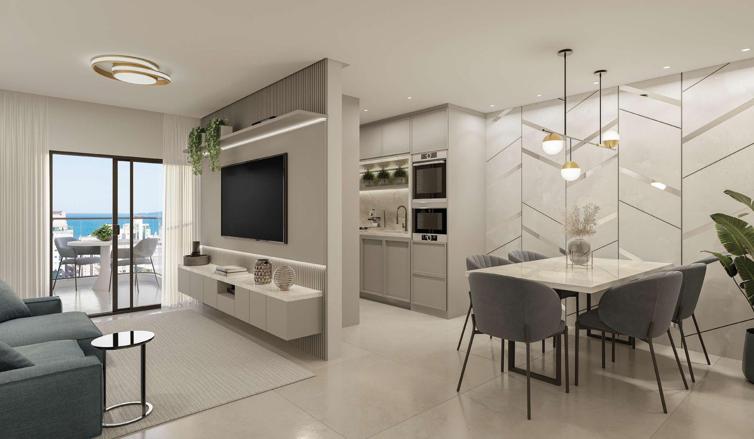 Living integrado com cozinha de apartamento do Gran Lunare