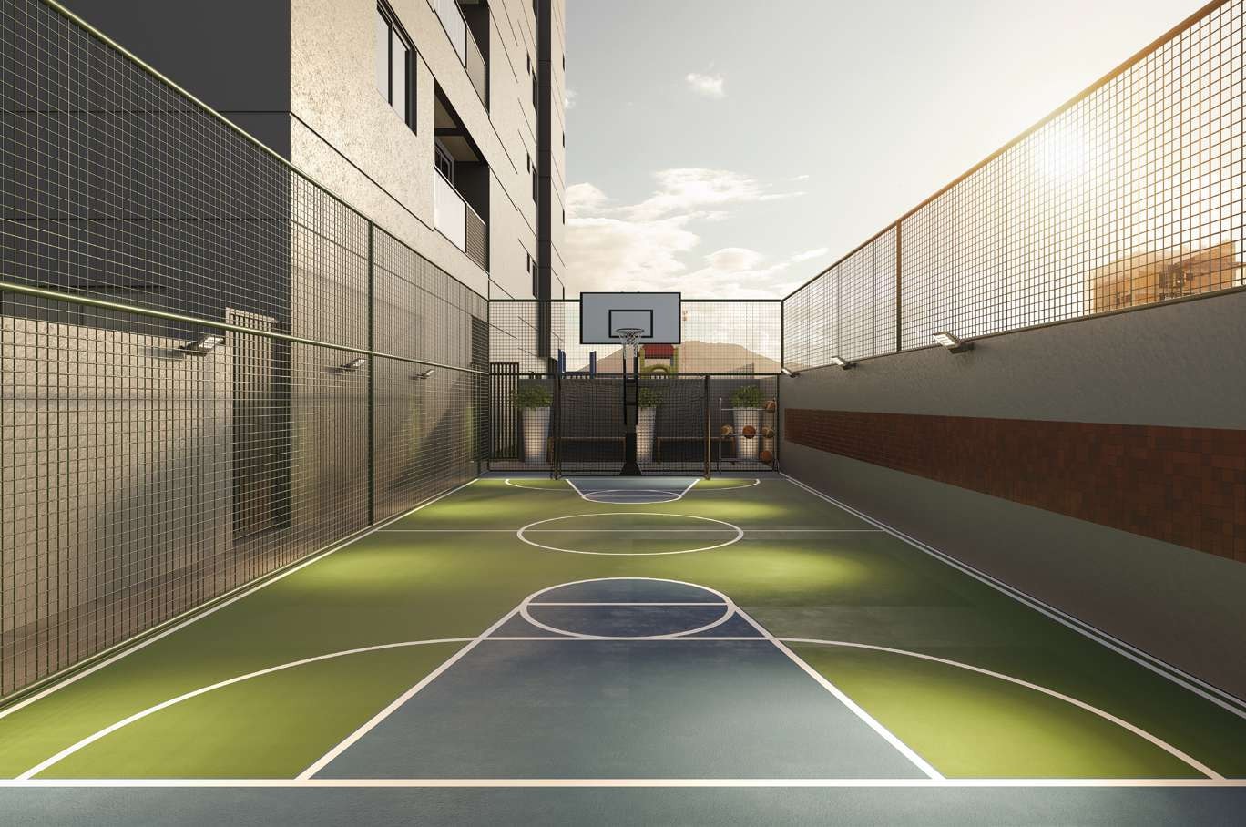 Mini quadra poliesportiva do Gran Lunare, com cesta de basquete e gol