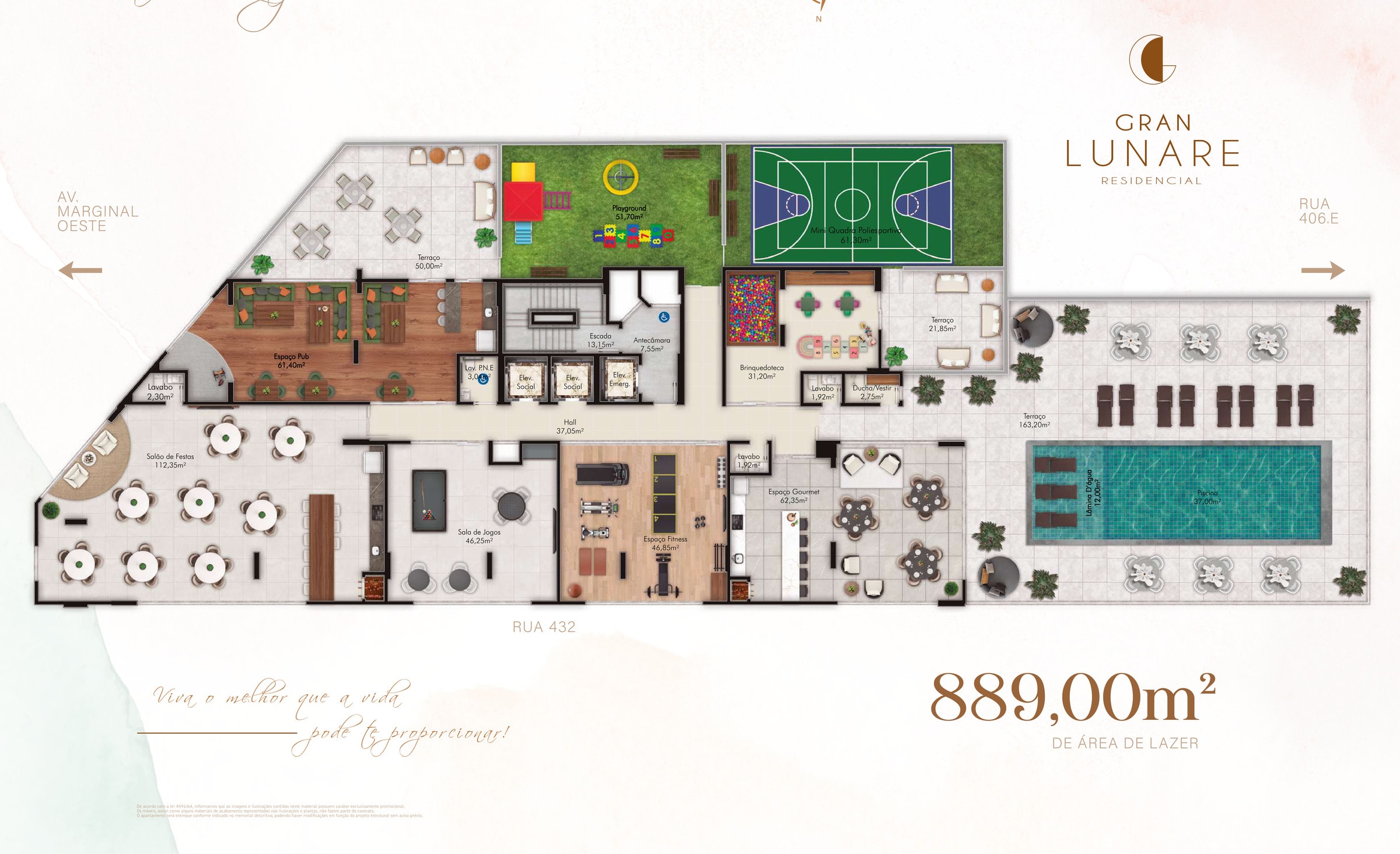 Planta da área de lazer do Gran Lunare, com 889 m² entre a Avenida Marginal Oeste e a Rua 406E