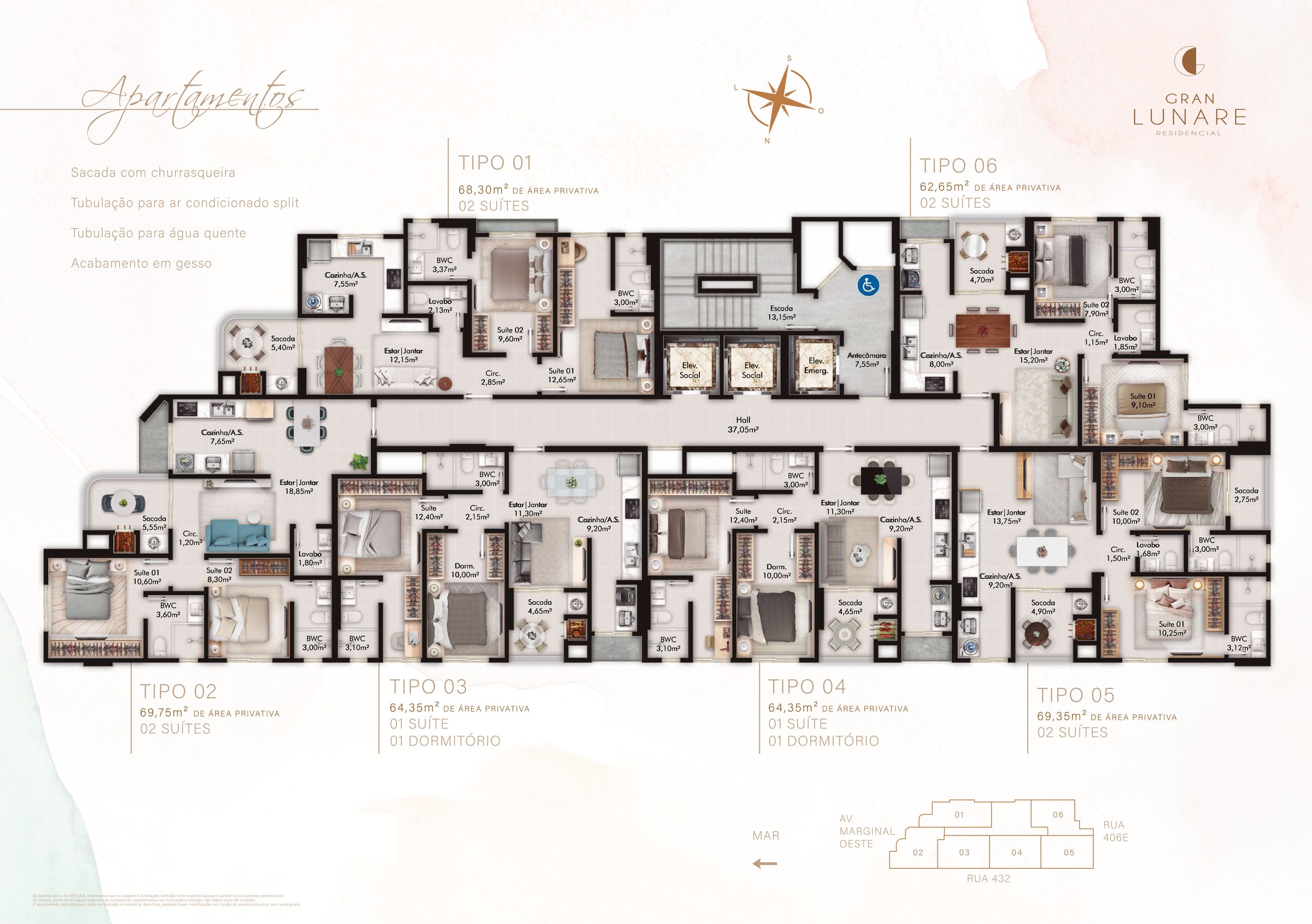 Planta do pavimento tipo do Gran Lunare, com os seis apartamentos e as cinco metragens, de 62,65 a 69,75 m²
