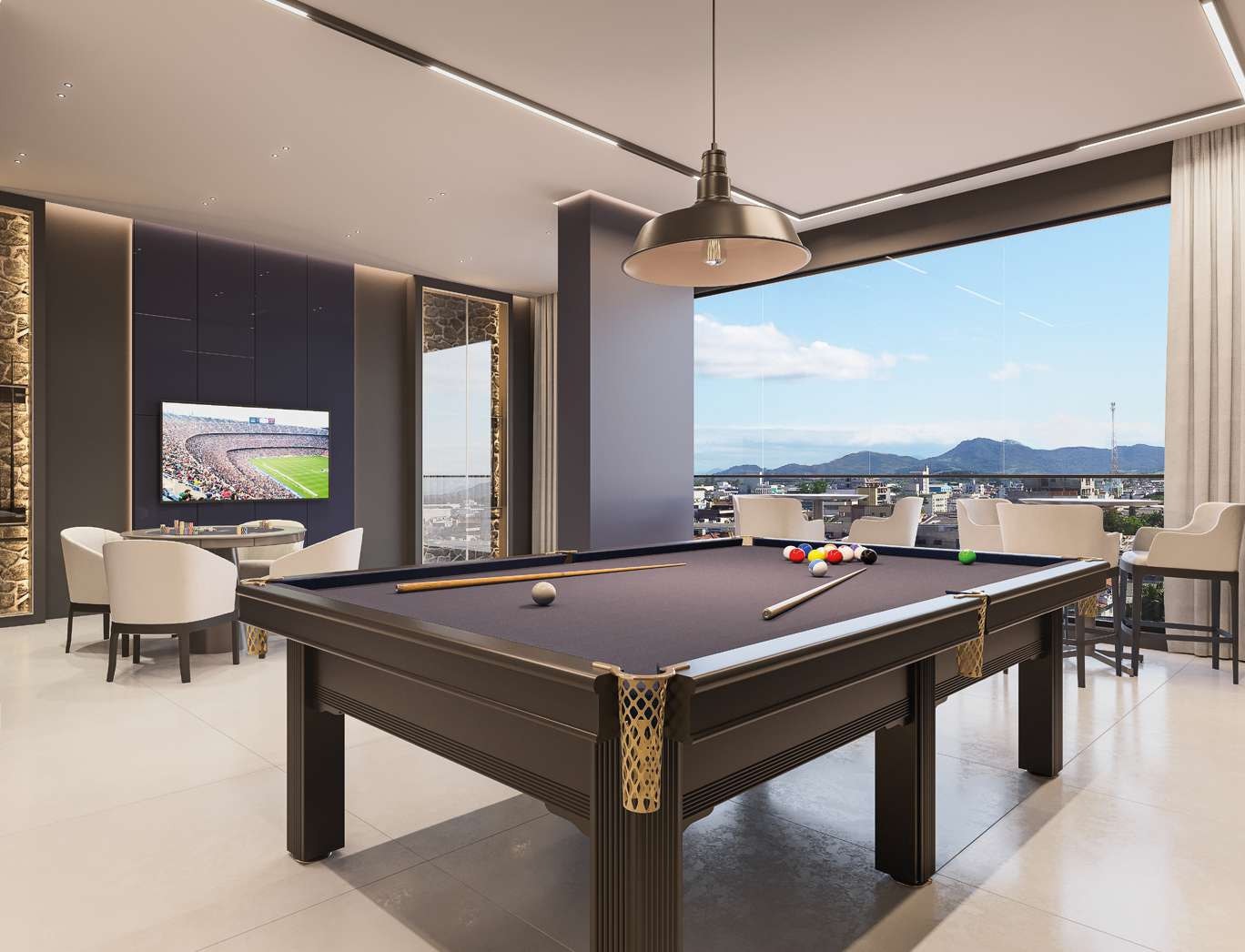 Sala de jogos de 46,25 m² do Gran Lunare, com mesa de sinuca