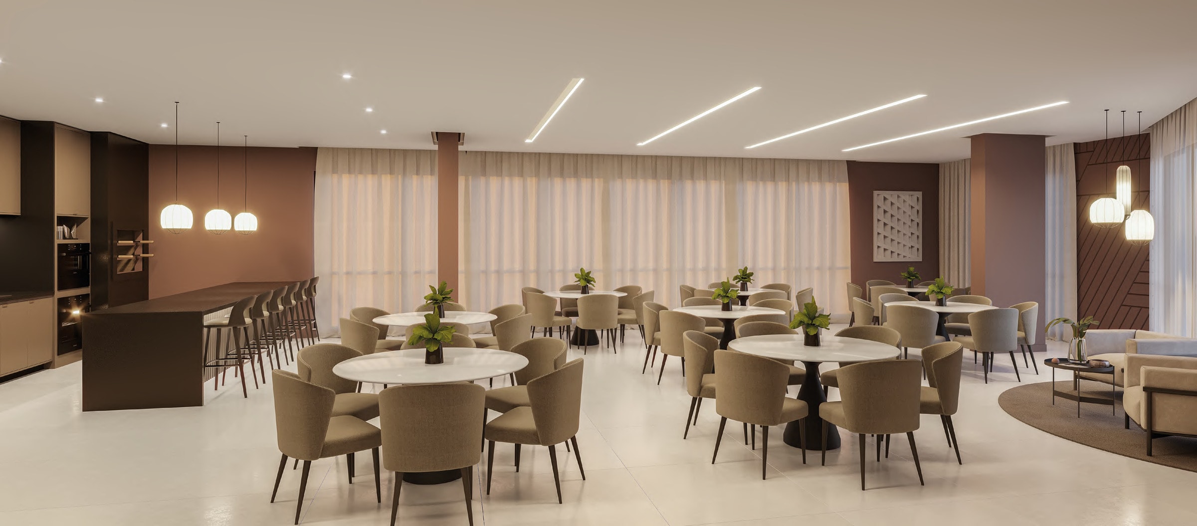 Salão de festas de 112,35 m² do Gran Lunare, mobiliado e decorado