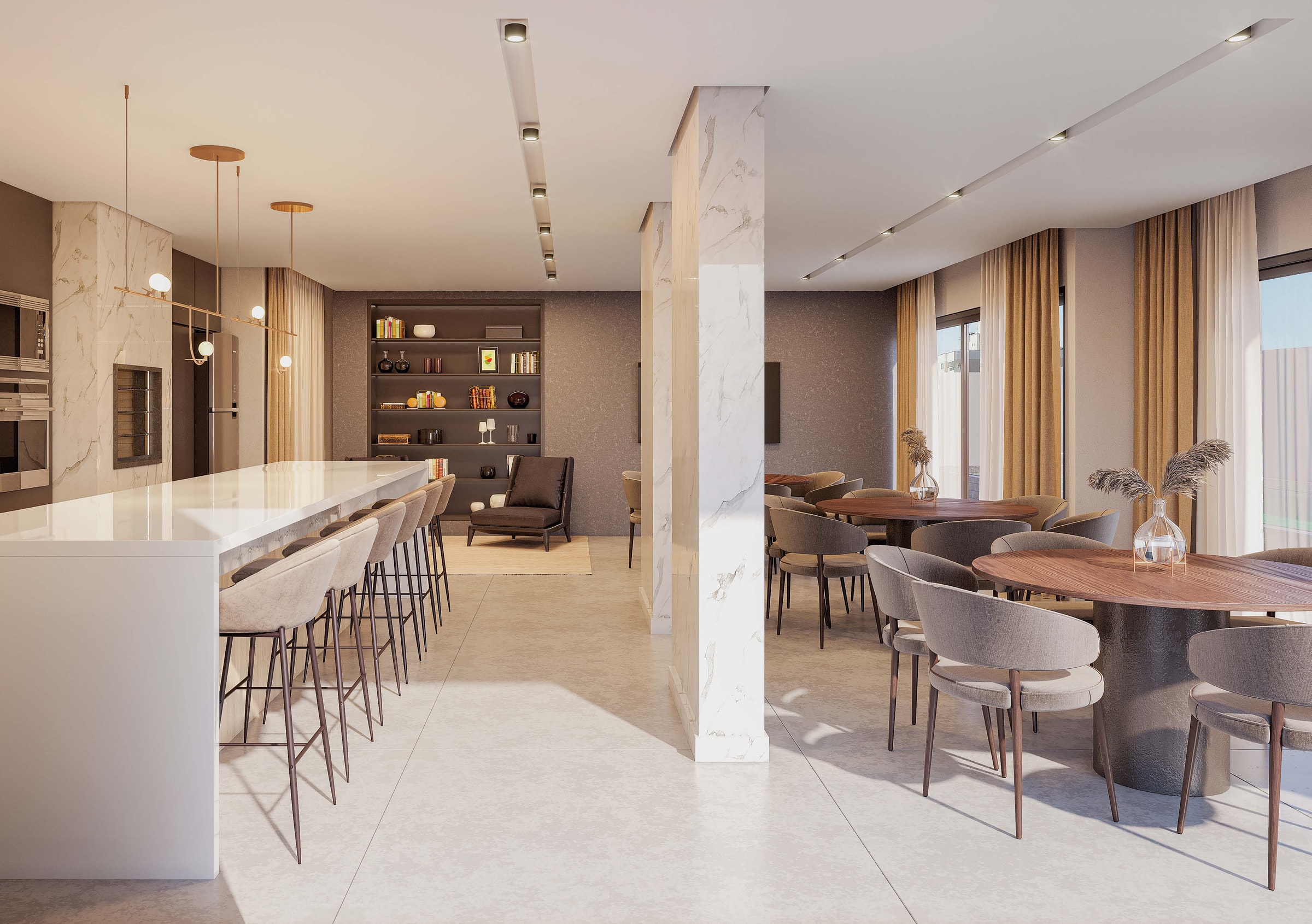 Espaço gourmet do Gran Solare, com bancada e mesas