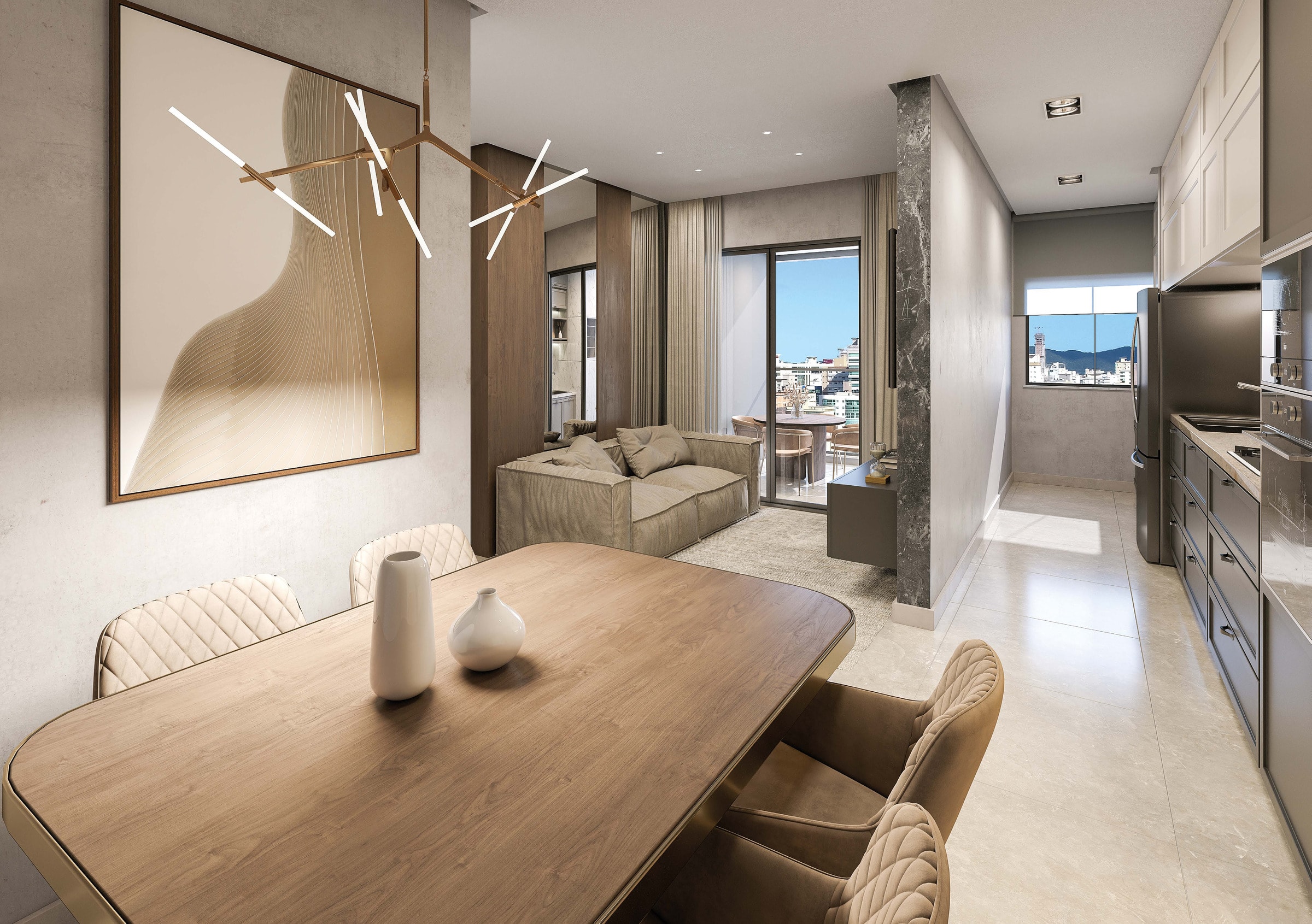 Estar e jantar integrados de apartamento do Gran Solare
