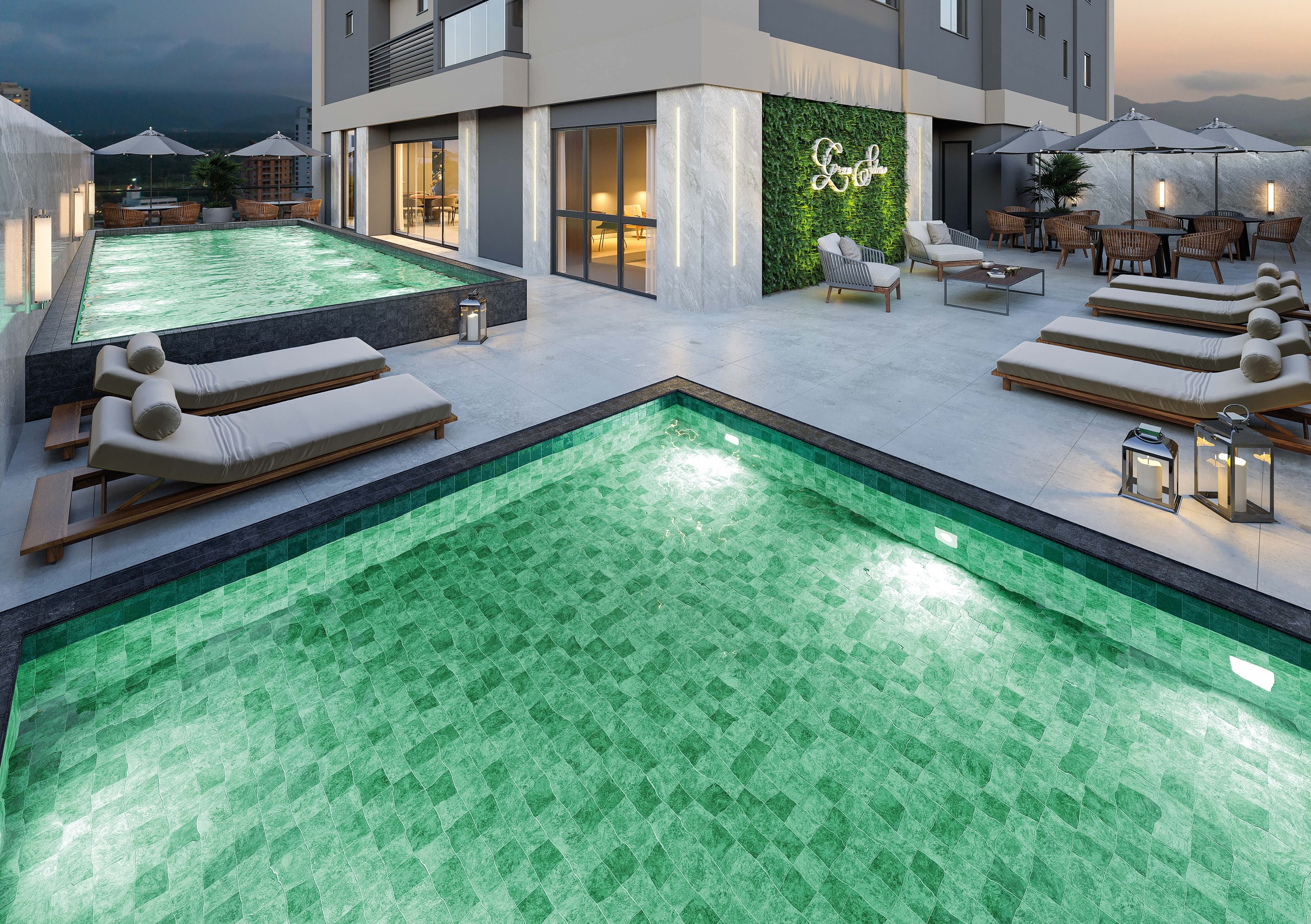 Piscina adulto e infantil do Gran Solare, com deck e espreguiçadeiras