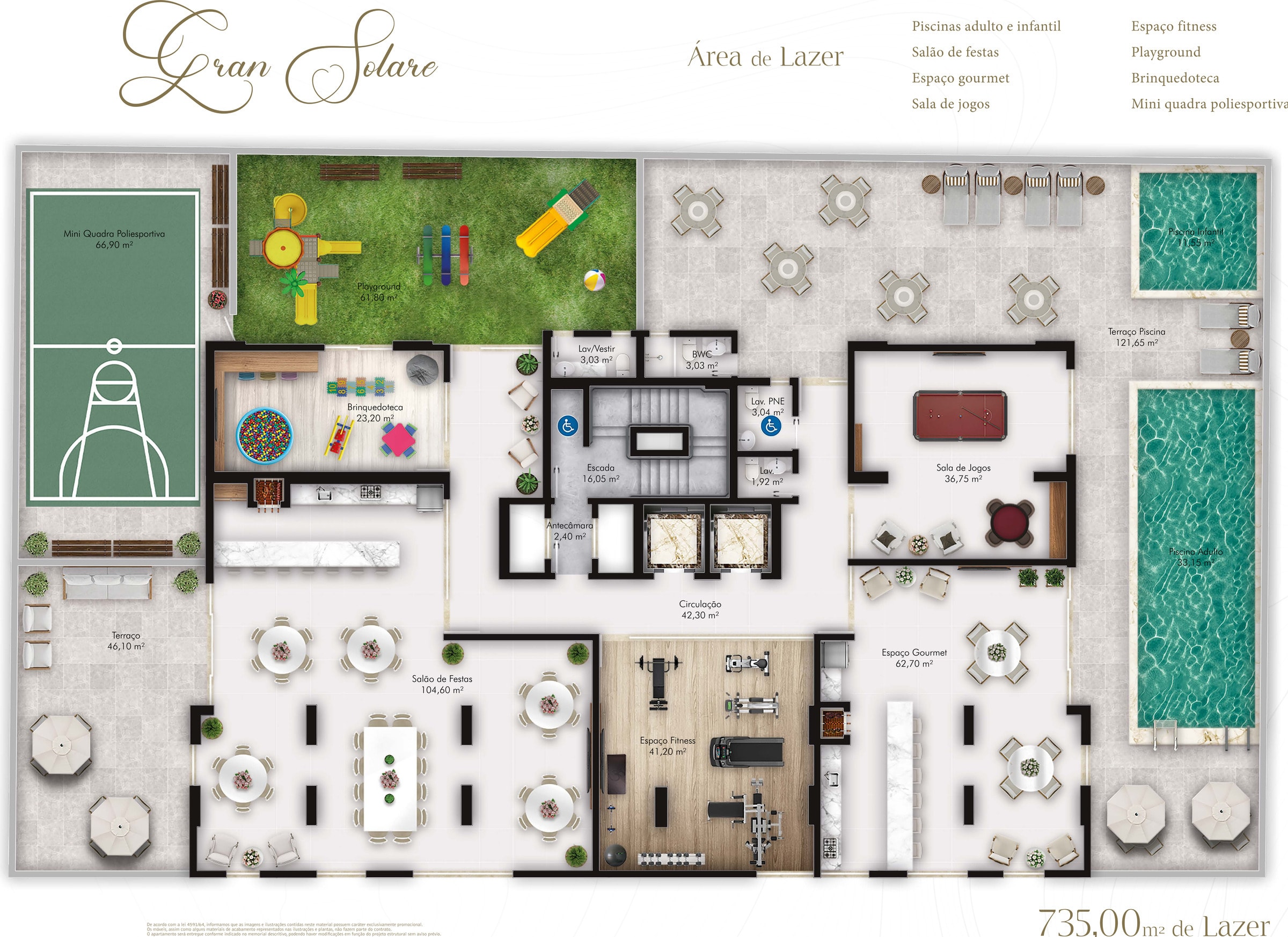 Planta da área de lazer do Gran Solare, com 735 m²