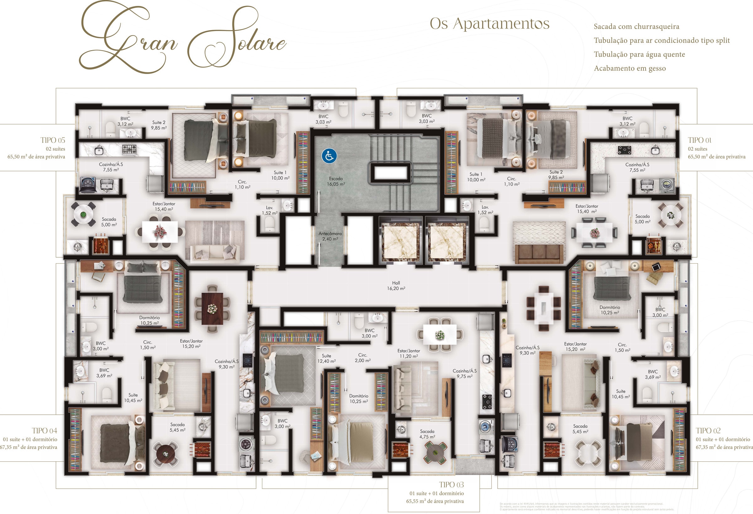 Planta do pavimento tipo do Gran Solare, com os cinco apartamentos de 65,50 a 67,35 m²