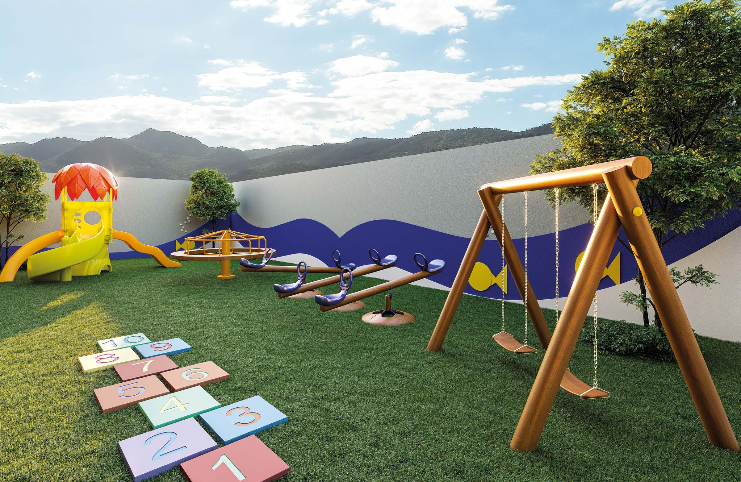 Playground do Gran Solare, com balanço e amarelinha