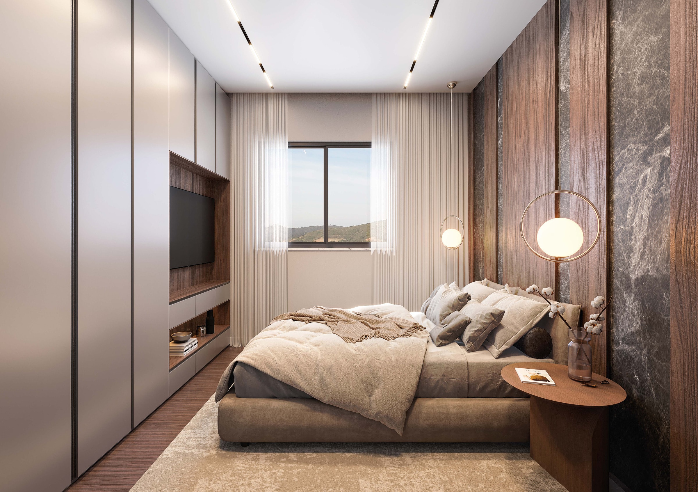 Suíte de apartamento do Gran Solare, com painel de madeira e mármore
