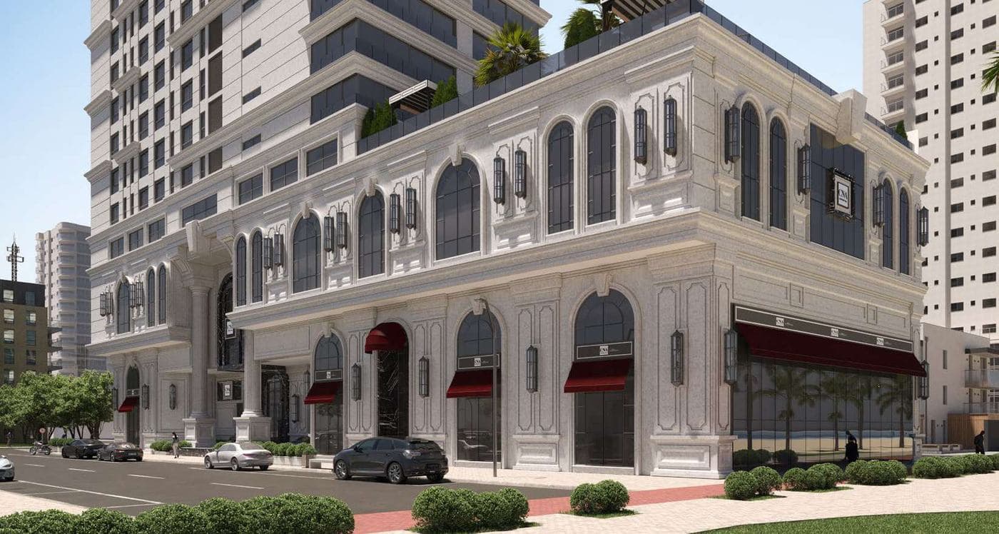 Embasamento neoclássico do Grand Luxury Residences, na Meia Praia, Itapema