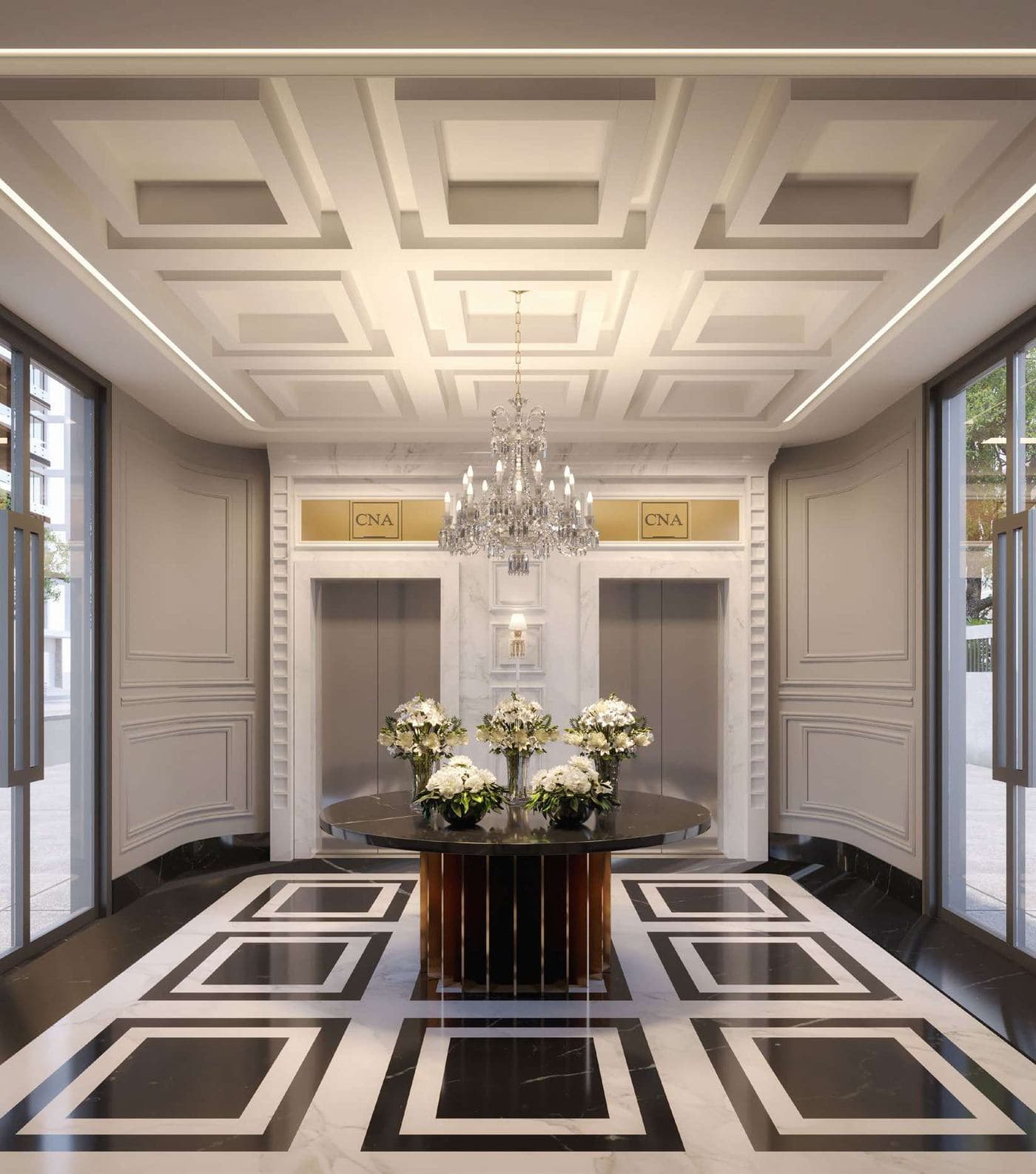 Hall de entrada neoclássico do Grand Luxury Residences, na Meia Praia, Itapema