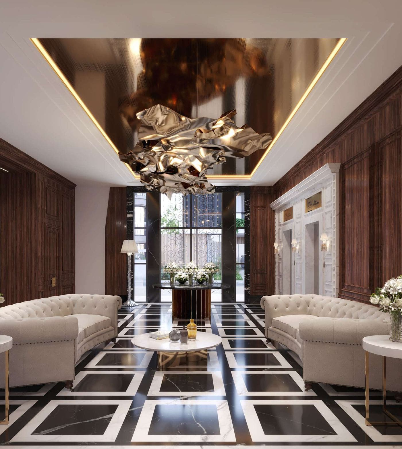 Hall social do Grand Luxury Residences, com madeira nobre e molduras entalhadas à mão
