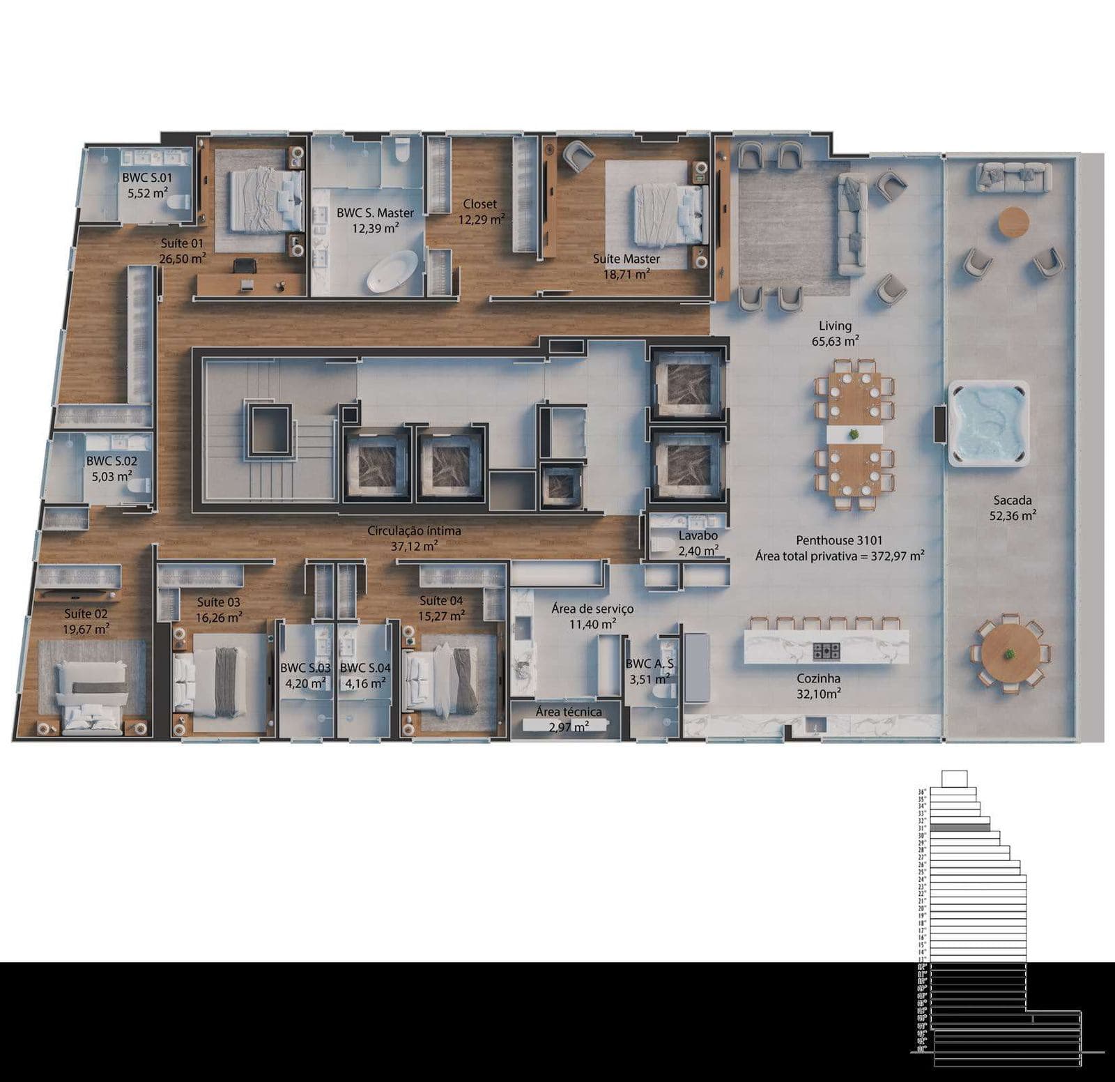 Planta de penthouse do Grand Luxury Residences, frente mar na Meia Praia