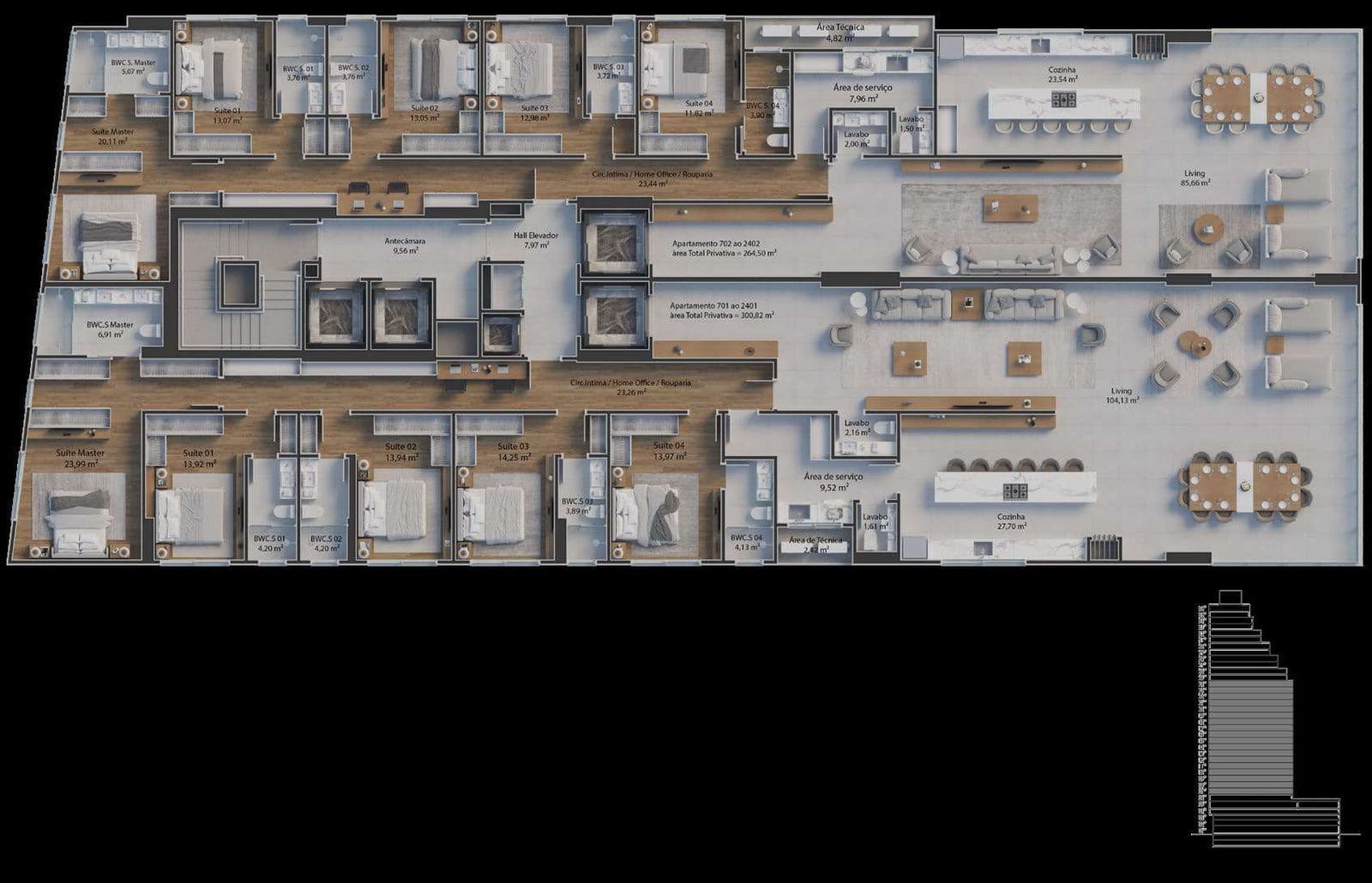 Planta do pavimento tipo do Grand Luxury Residences, com dois apartamentos por andar