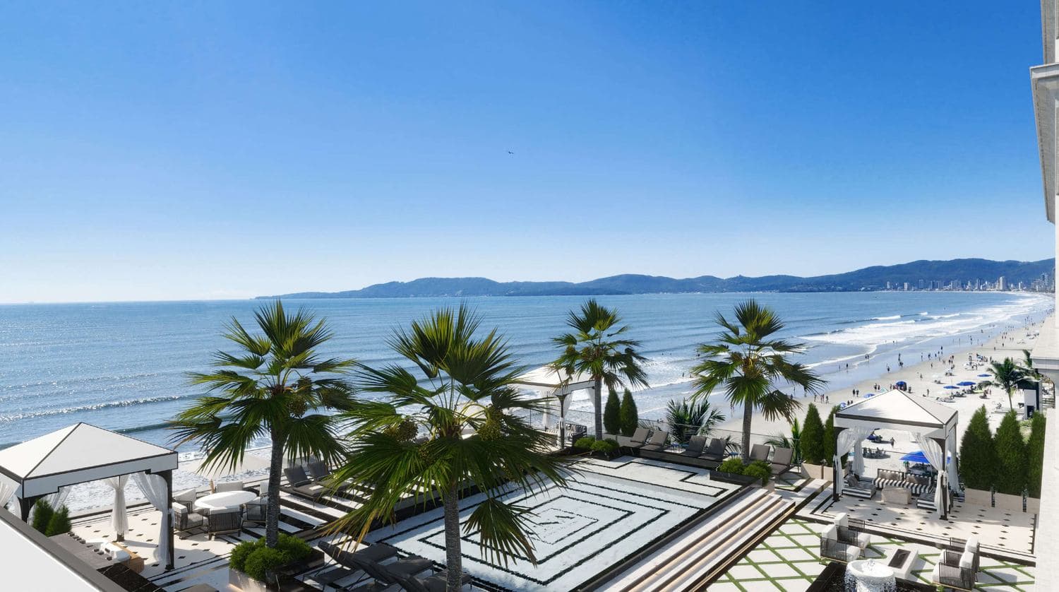 Terraço com boulevard e gazebos do Grand Luxury Residences, frente mar em Itapema