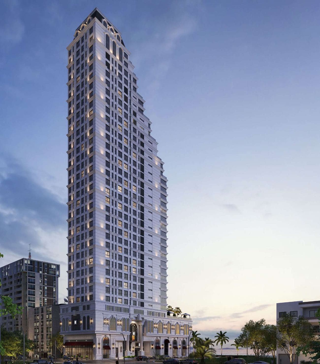 Torre do Grand Luxury Residences ao entardecer, na Rua 219, Meia Praia, Itapema