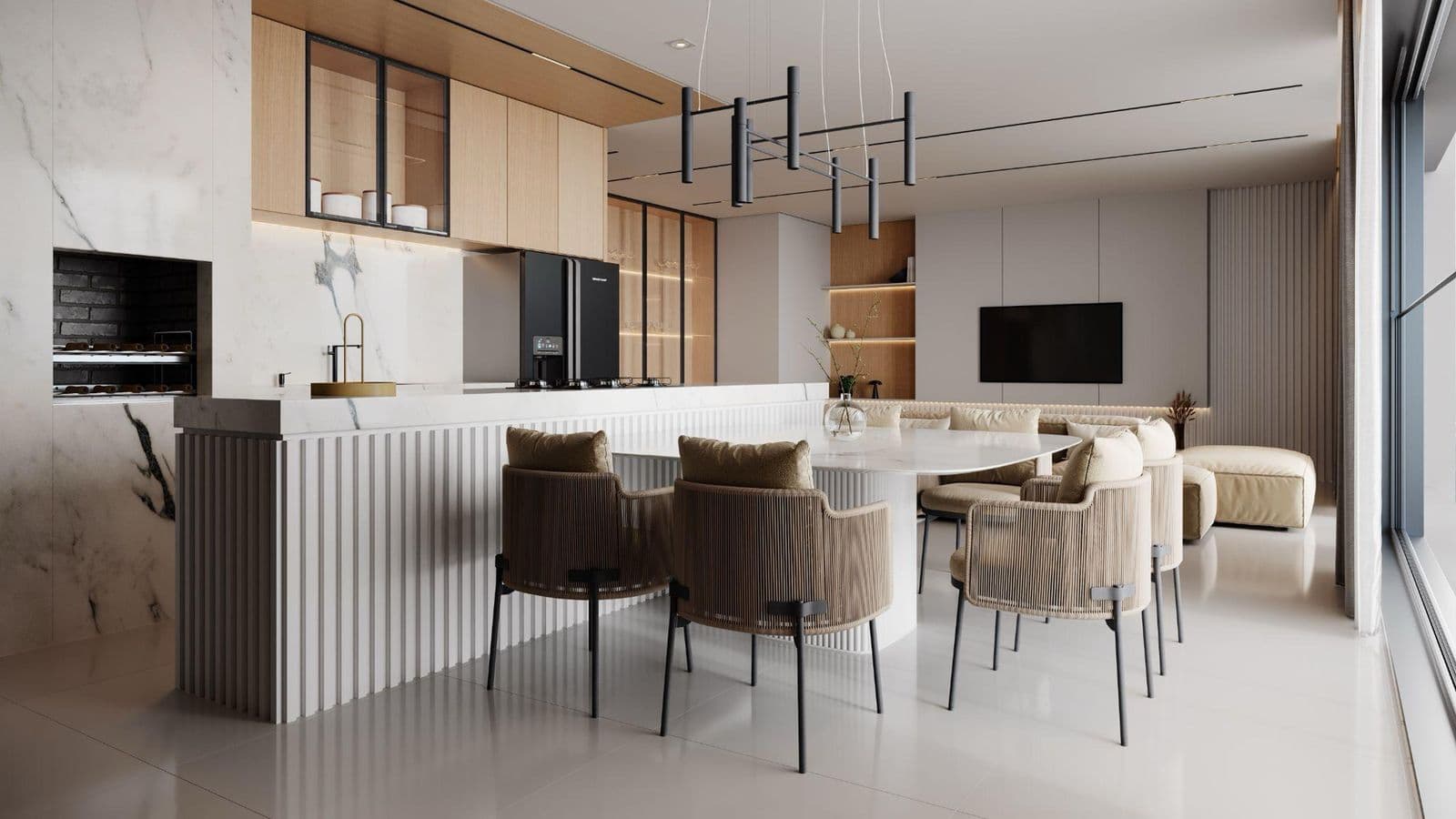 Cozinha gourmet integrada ao living de um apartamento do High Tower