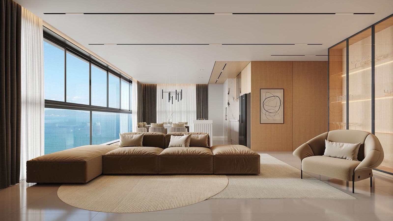 Living de apartamento do High Tower com vista panorâmica para o Oceano Atlântico