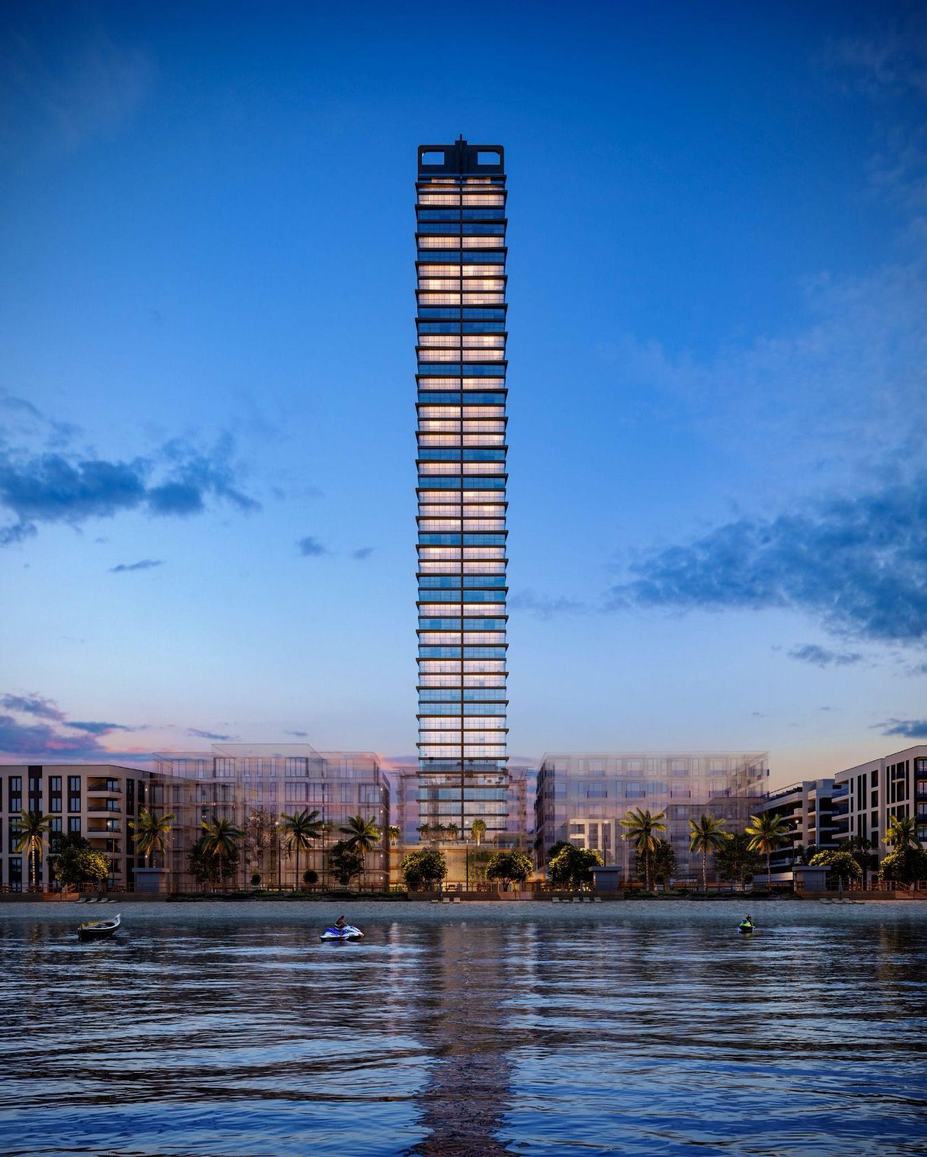 Torre do High Tower, 165 metros de altura, ao entardecer sobre a orla de Itapema