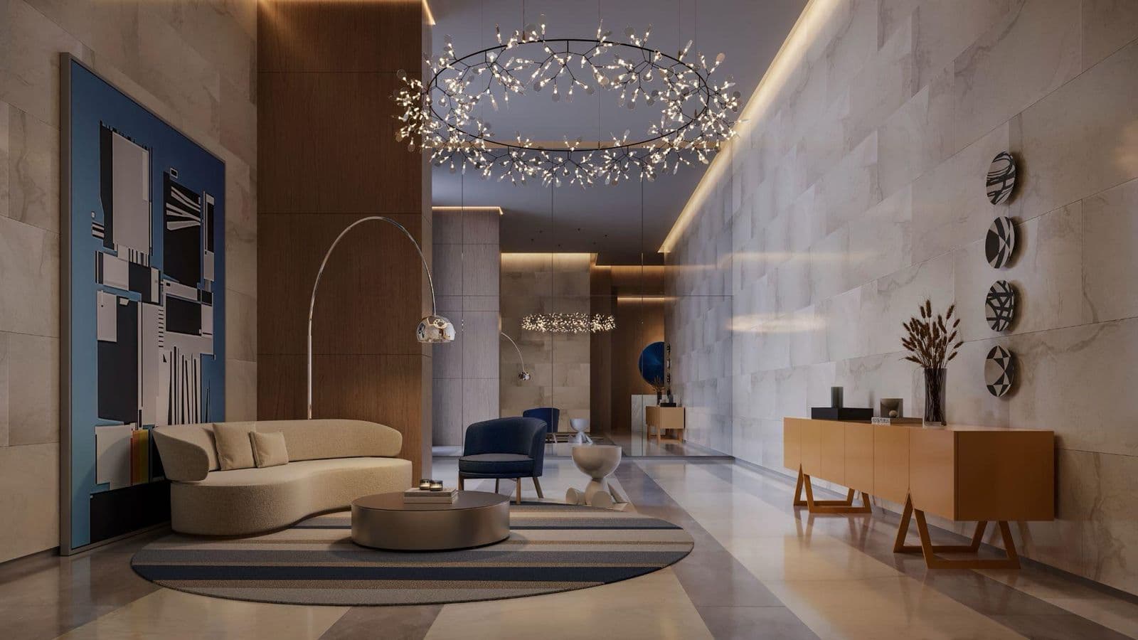 Lobby do High Tower Residence, no Centro de Itapema