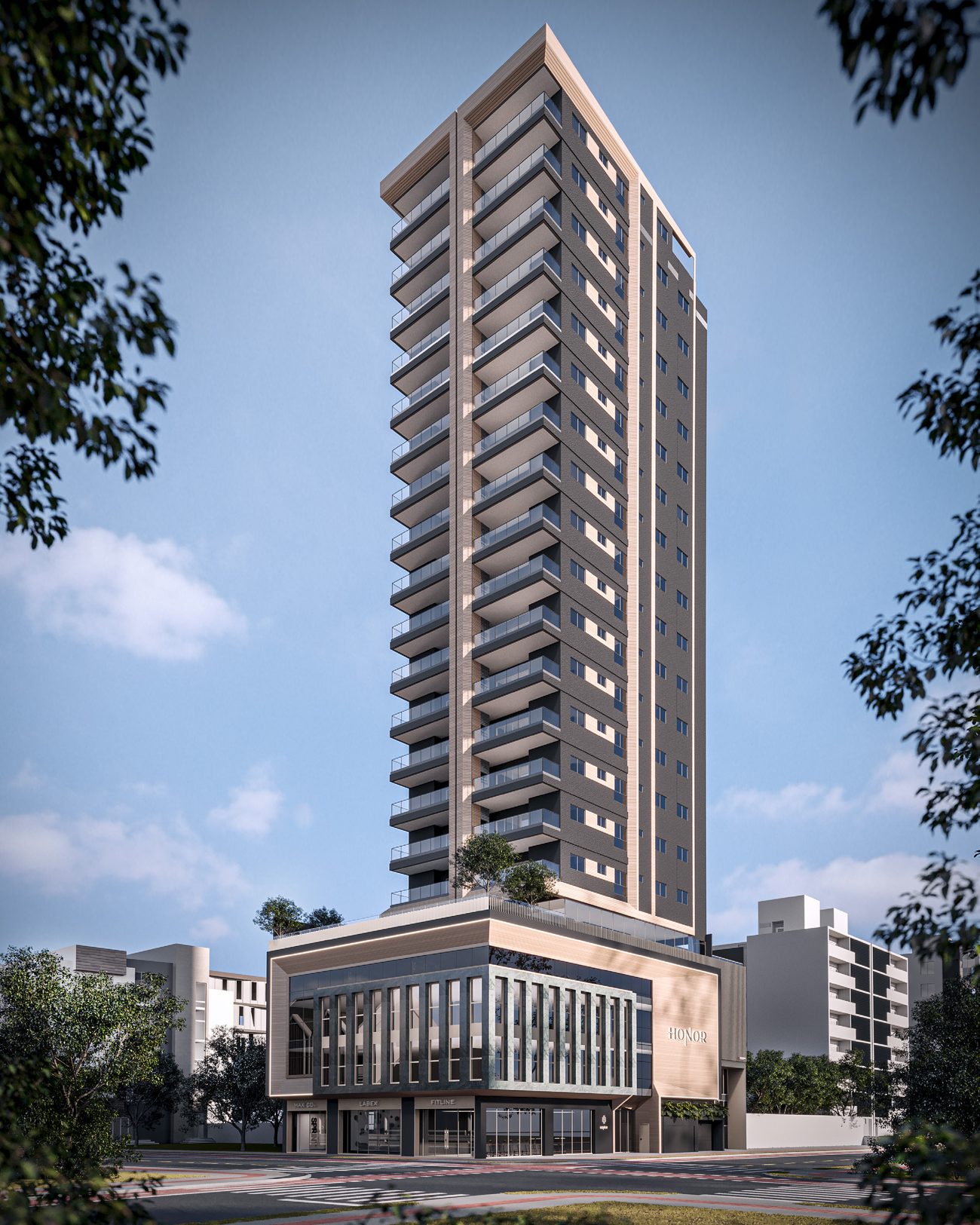 Torre do Honor na 3ª Avenida esquina com a Rua 264, Meia Praia, Itapema, com salas comerciais no térreo