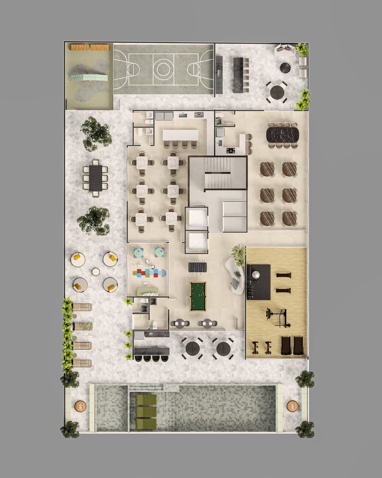 Planta da área de lazer de 683,80 m² do Honor, no 4º pavimento, com piscina, academia e salões de festas