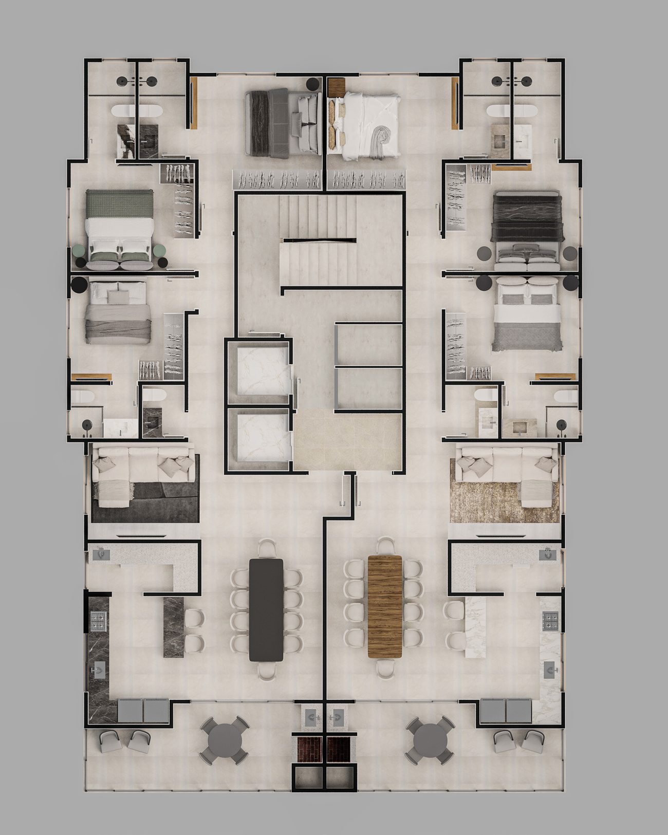 Planta do pavimento tipo do Honor, com os dois apartamentos de 3 suítes por andar