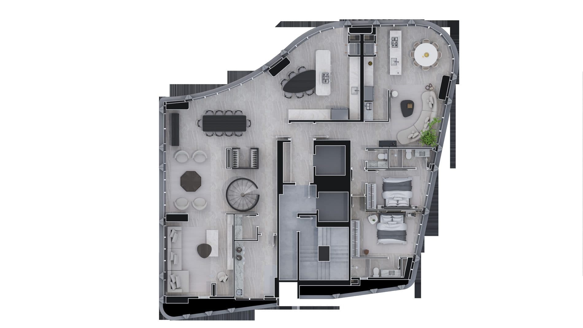 Planta humanizada do apartamento duplex de 290 m² do Icônico, com 3 suítes e 2 demi-suítes