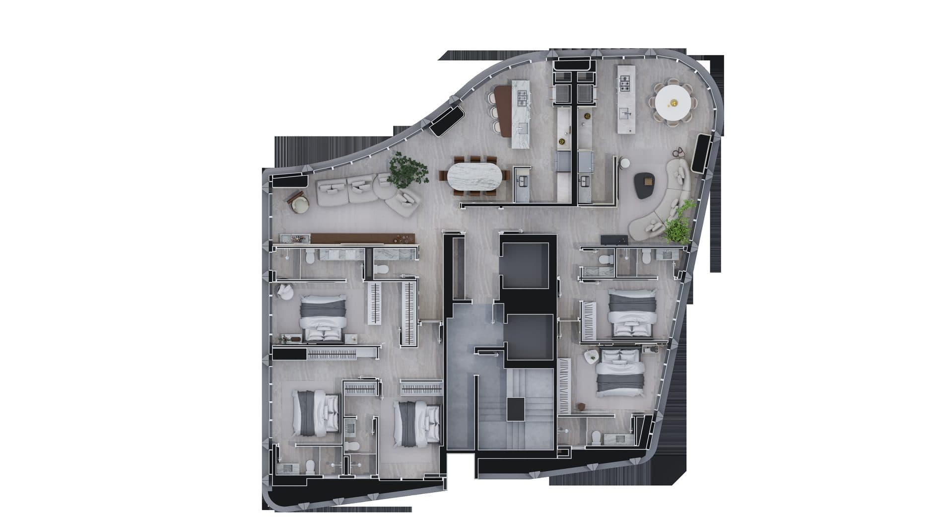 Plantas humanizadas dos apartamentos Tipo 01 (98,22 m², 2 suítes) e Tipo 02 (145 m², 3 suítes) do Icônico