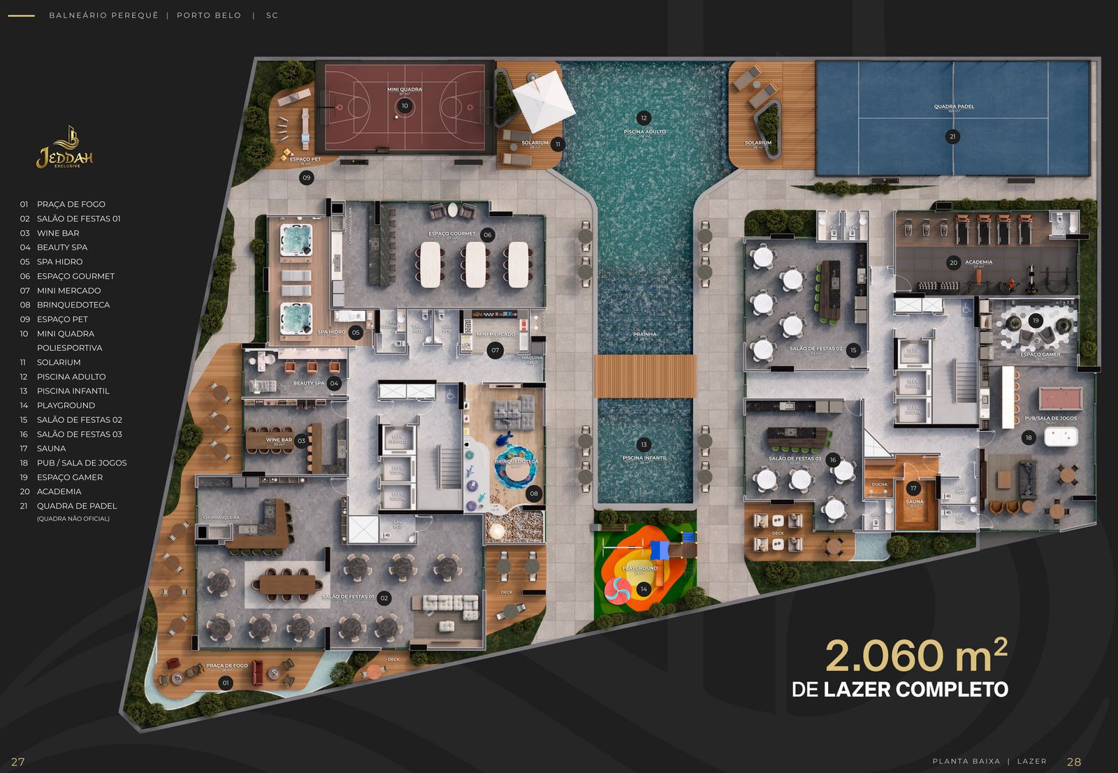 Planta do pavimento de lazer do Jeddah Exclusive, com 2.060 m², quadra de padel e as duas piscinas entre as torres
