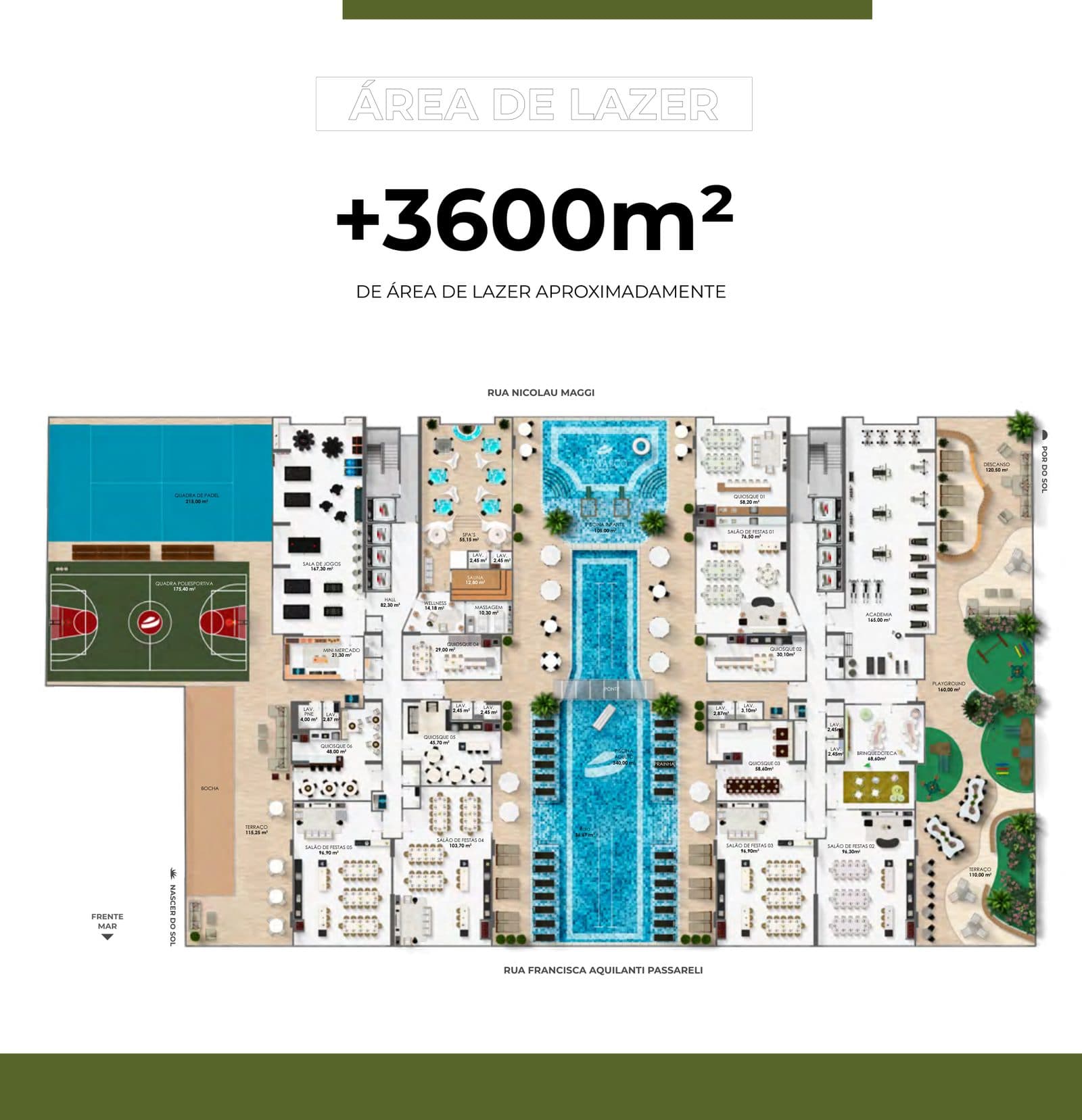 Planta da área de lazer de mais de 3.600 m² do Jireh Residence, com quadra de padel, quadra poliesportiva e piscina de 340 m²