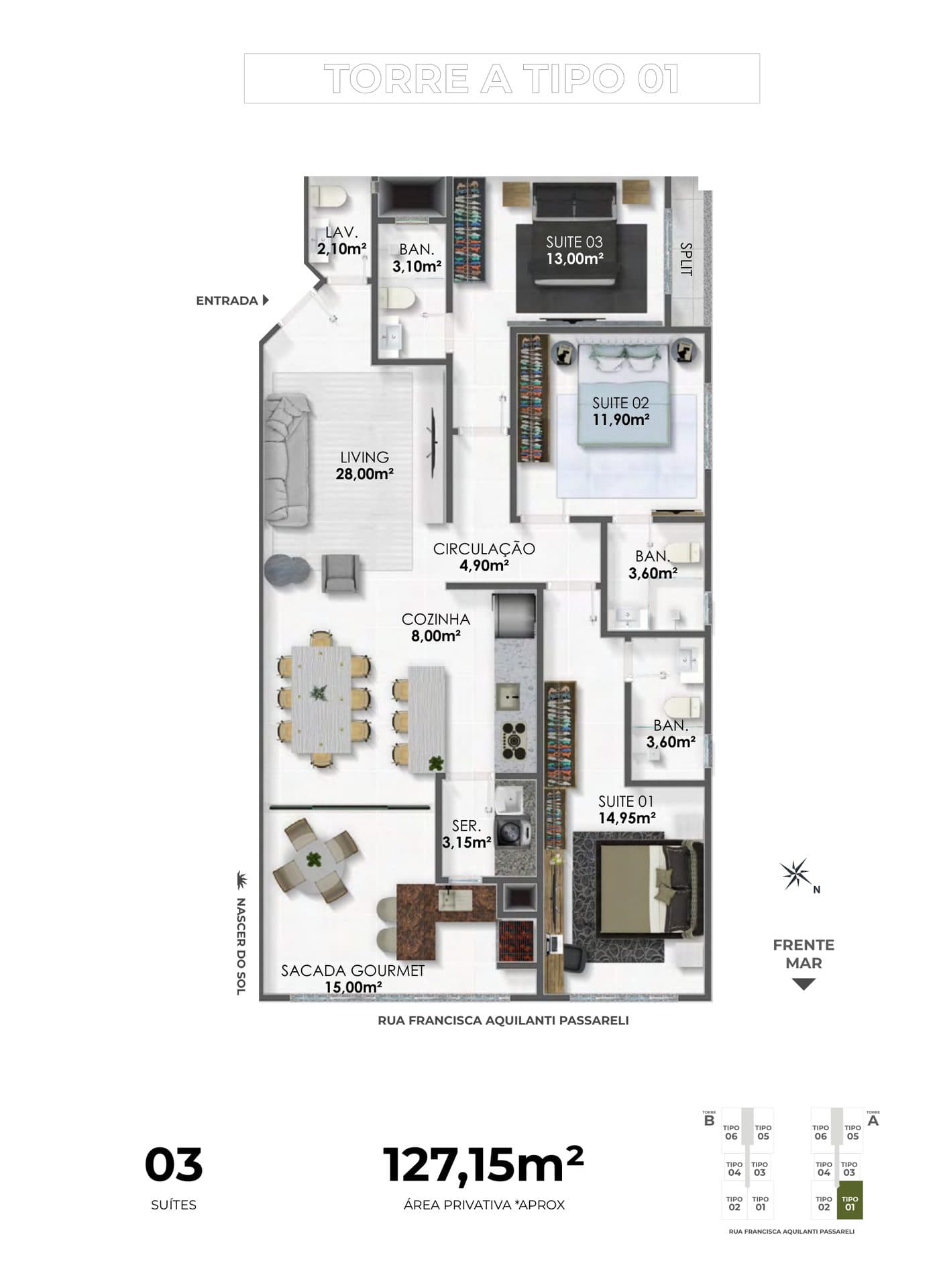 Planta do Tipo 01 do Jireh Residence, 127,15 m² com 3 suítes, no Balneário Perequê, Porto Belo