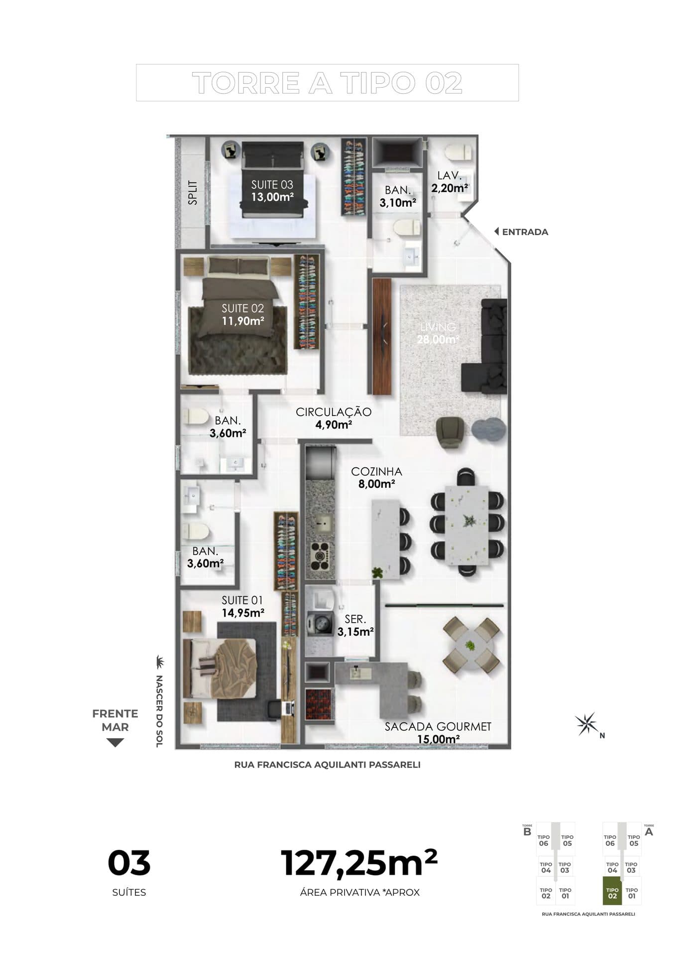 Planta do Tipo 02 do Jireh Residence, 127,25 m² com 3 suítes, no Balneário Perequê, Porto Belo