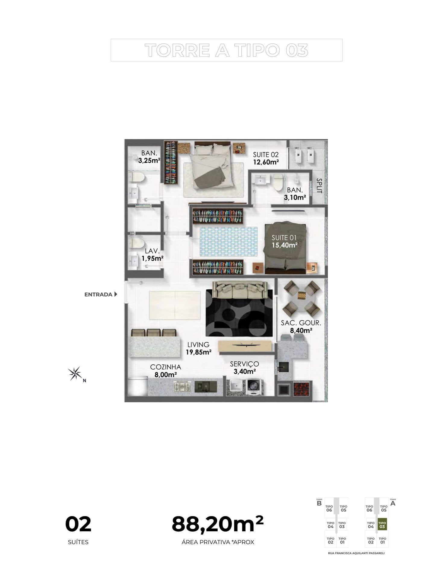 Planta do Tipo 03 do Jireh Residence, 88,20 m² com 2 suítes, no Balneário Perequê, Porto Belo