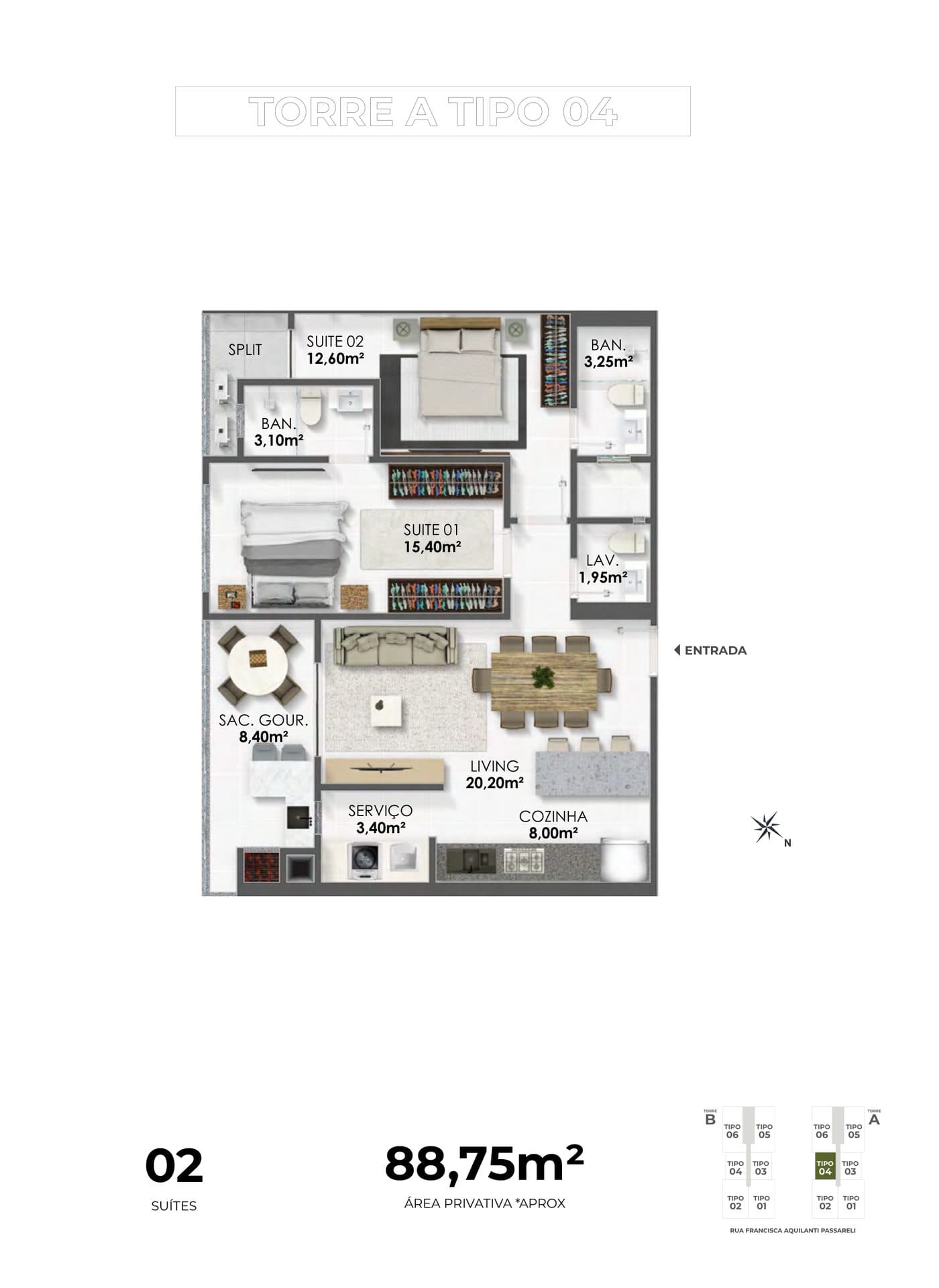 Planta do Tipo 04 do Jireh Residence, 88,75 m² com 2 suítes, no Balneário Perequê, Porto Belo