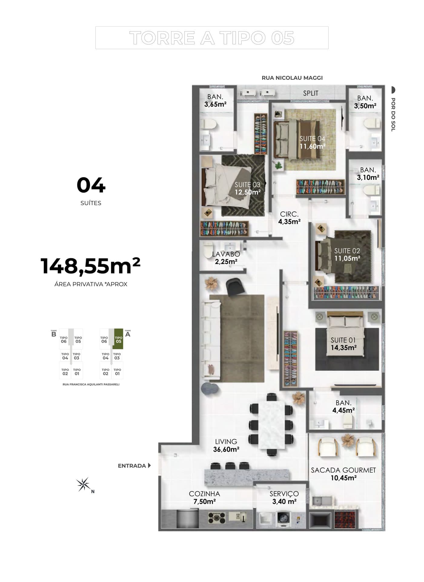 Planta do Tipo 05 do Jireh Residence, 148,55 m² com 4 suítes, no Balneário Perequê, Porto Belo