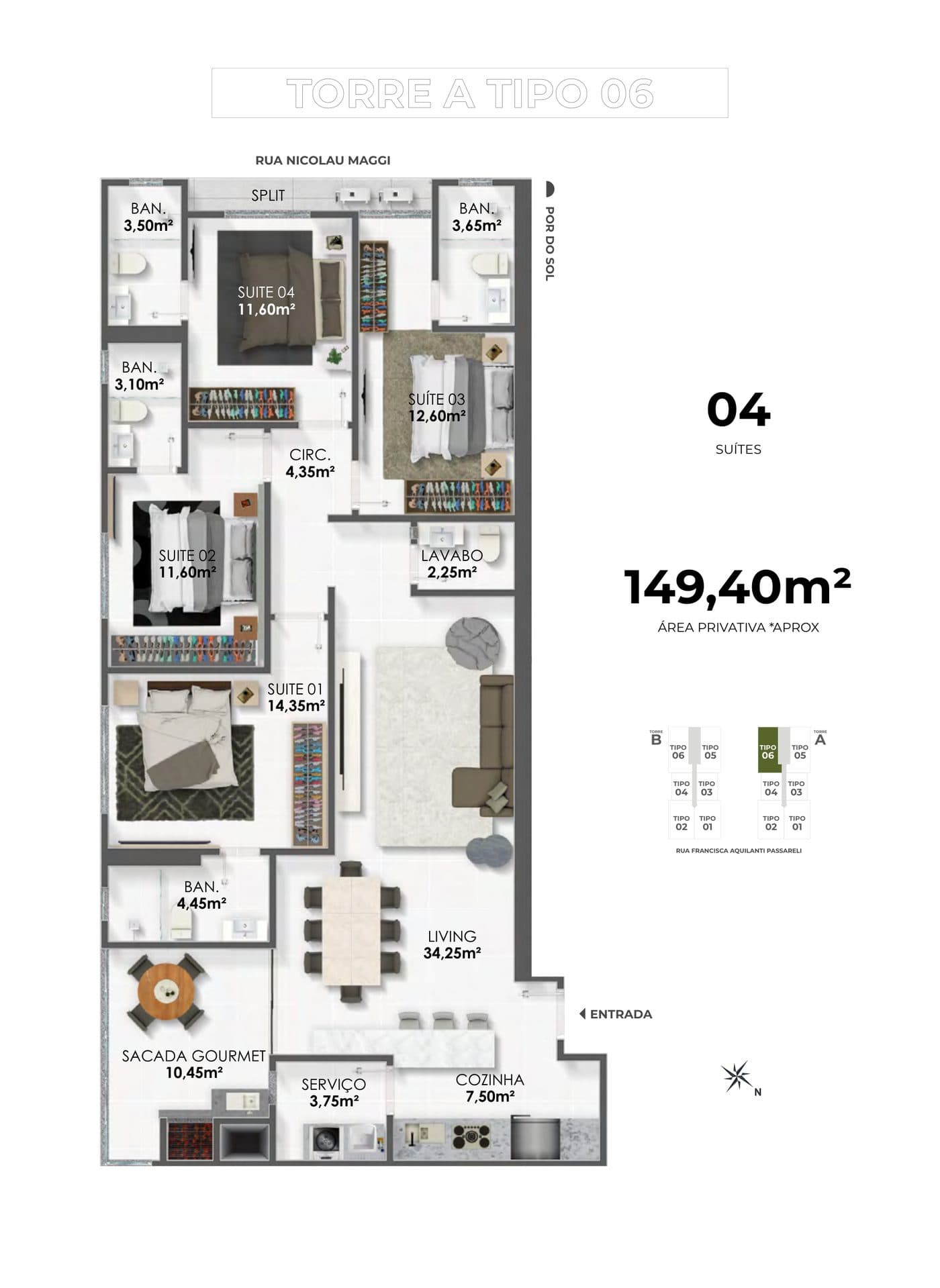 Planta do Tipo 06 do Jireh Residence, 149,40 m² com 4 suítes, no Balneário Perequê, Porto Belo