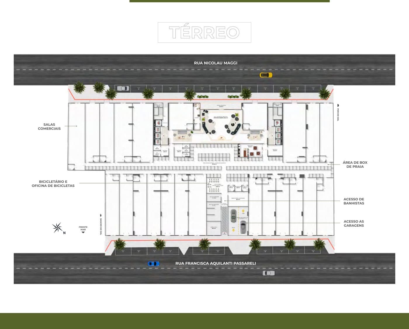 Planta do térreo do Jireh Residence, com hall de entrada, guarita e área de box de praia e banhistas