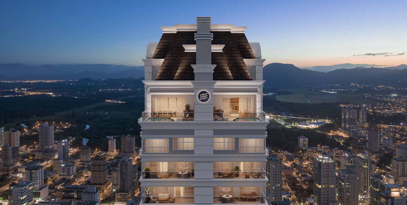 Coroamento da torre do L'Atelier Concept Home ao entardecer, em Itapema