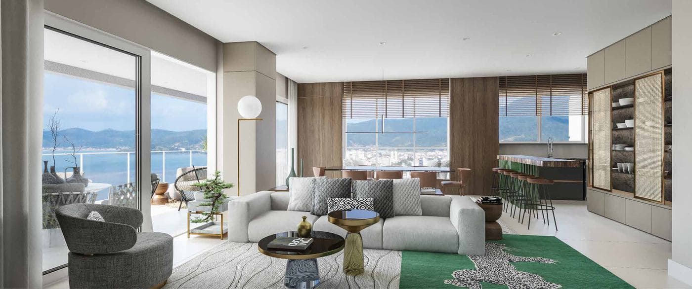 Living e sala de jantar integrados de um apartamento do L'Atelier Concept Home
