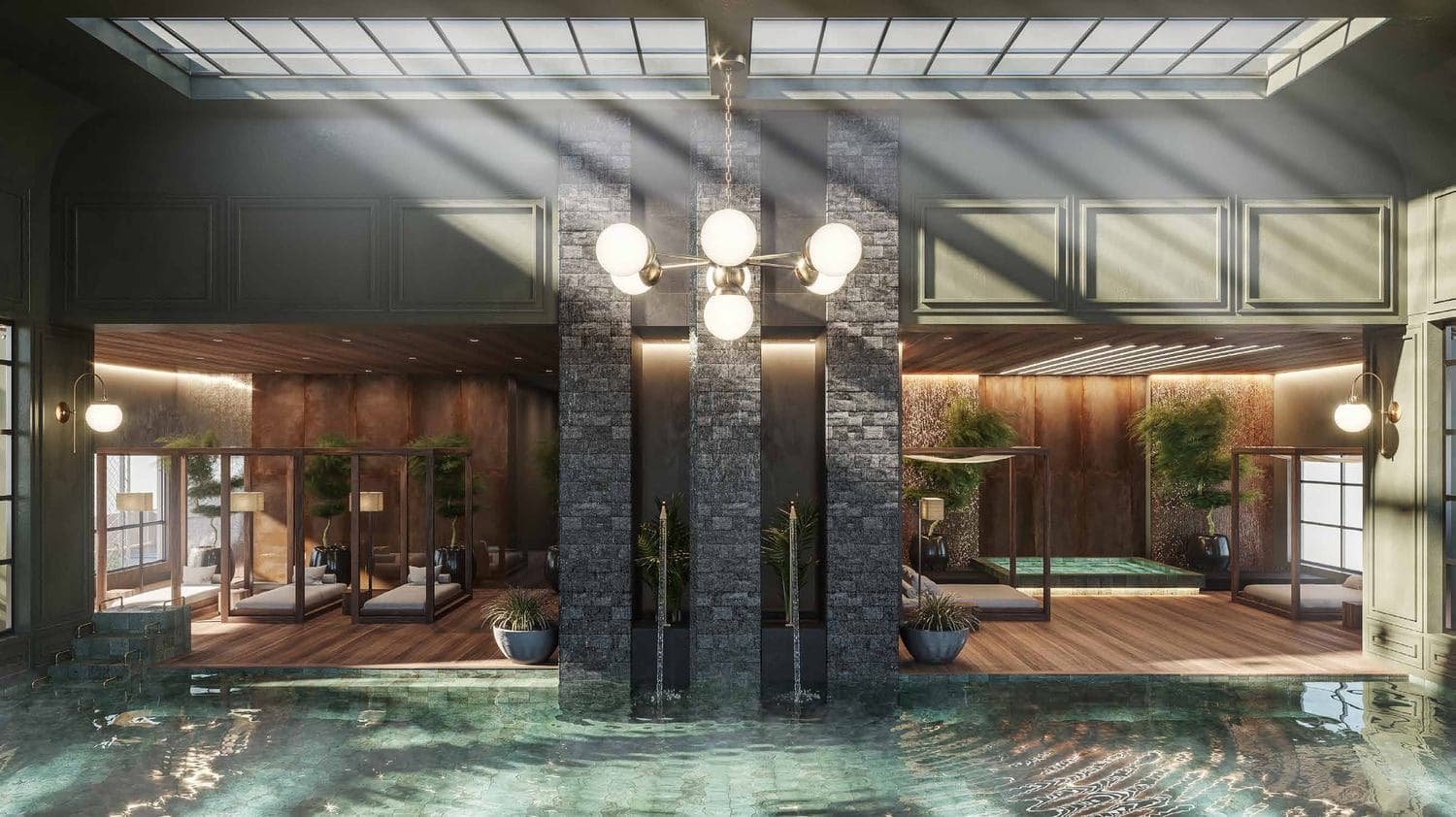 Piscina coberta e aquecida com raia semi-olímpica de 25 metros do L'Atelier Concept Home, na Meia Praia, Itapema