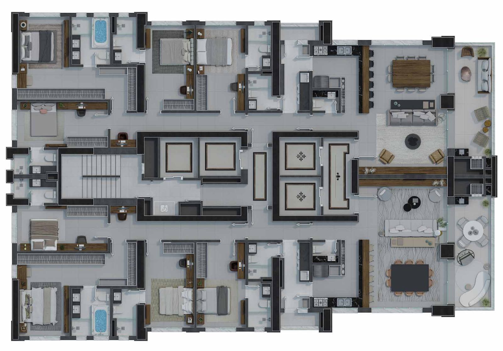 Planta do apartamento tipo de 213,72 m² do L'Atelier Concept Home, com 4 suítes