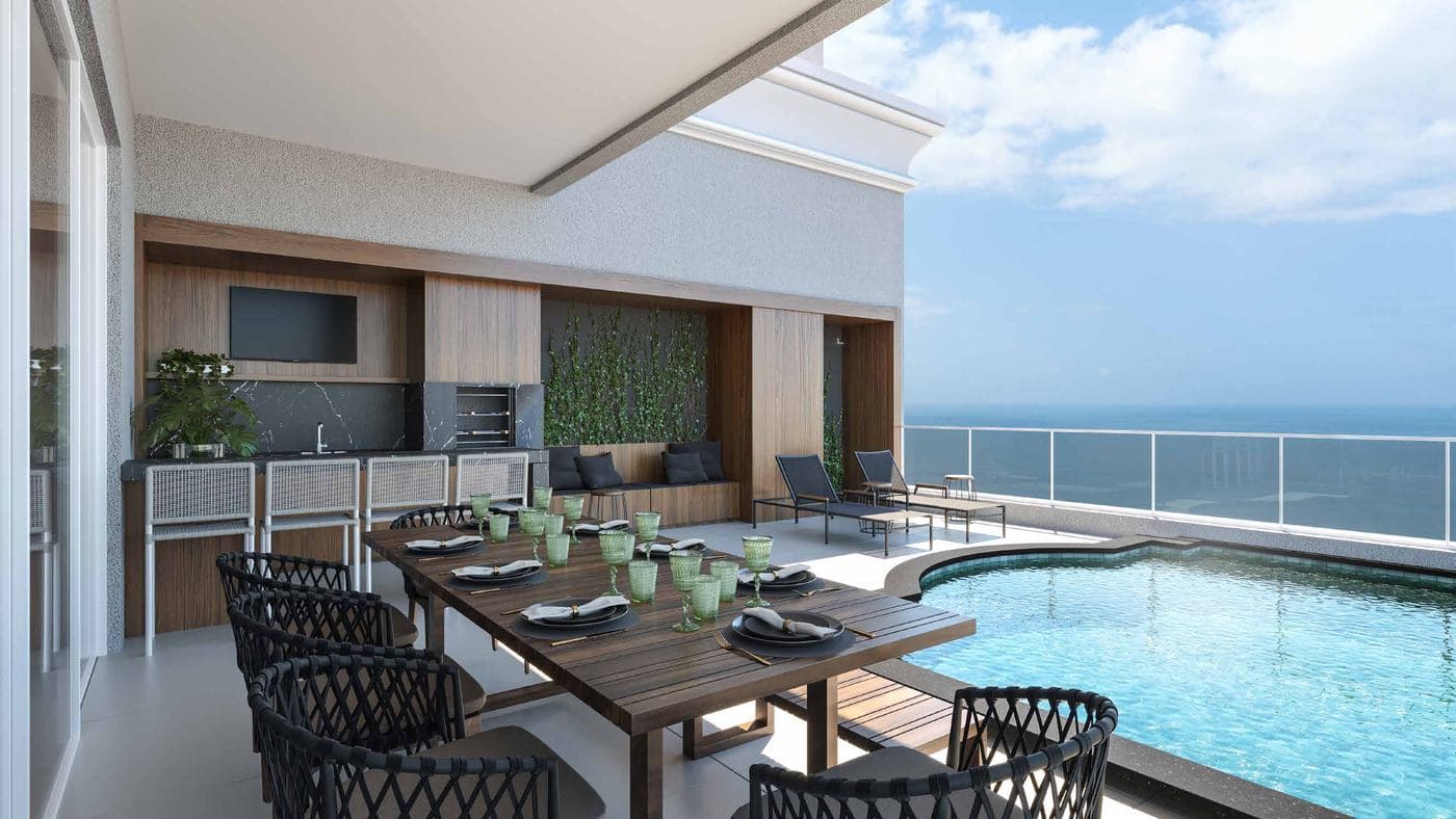 Espaço grill e terraço com piscina do penthouse do L'Atelier Concept Home