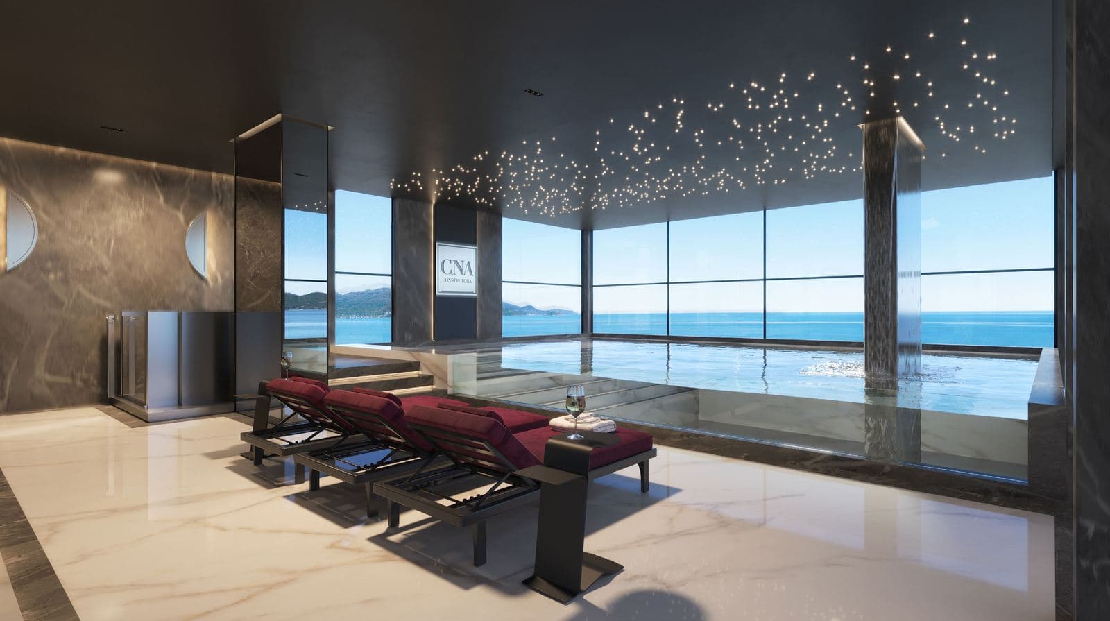 Piscina interna aquecida com vista para o mar do Latitude, em Itapema
