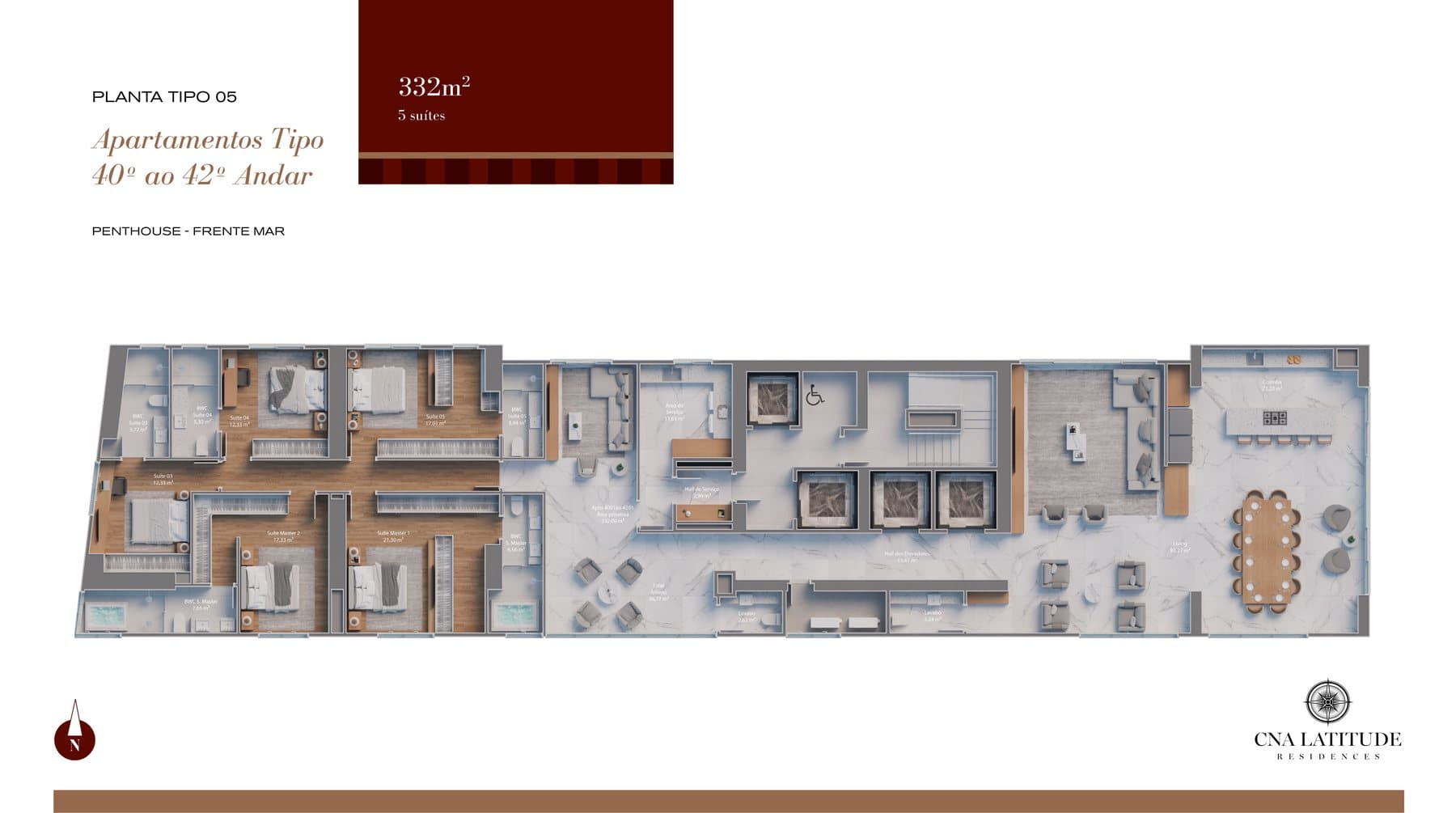 Planta da penthouse do Latitude, de 332 m² com 5 suítes, frente mar em Itapema