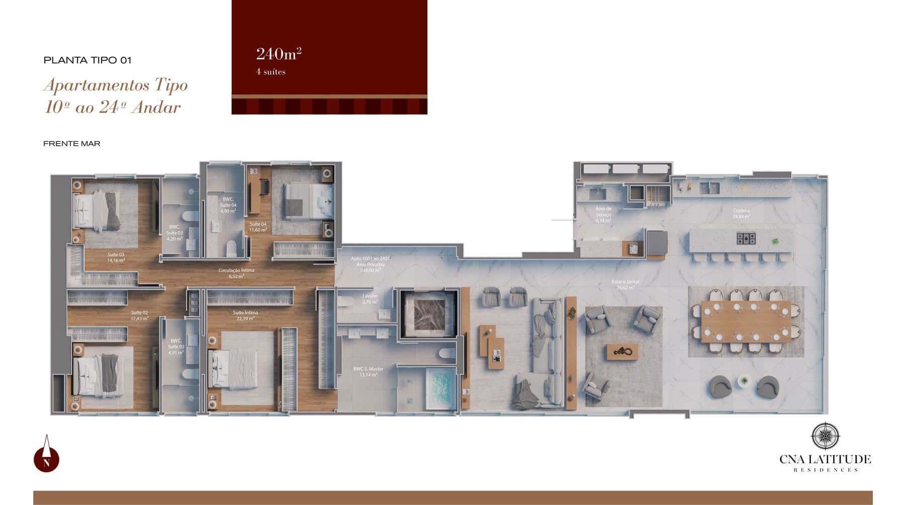 Planta do apartamento tipo 01 do Latitude, de 240 m² frente mar, em Itapema
